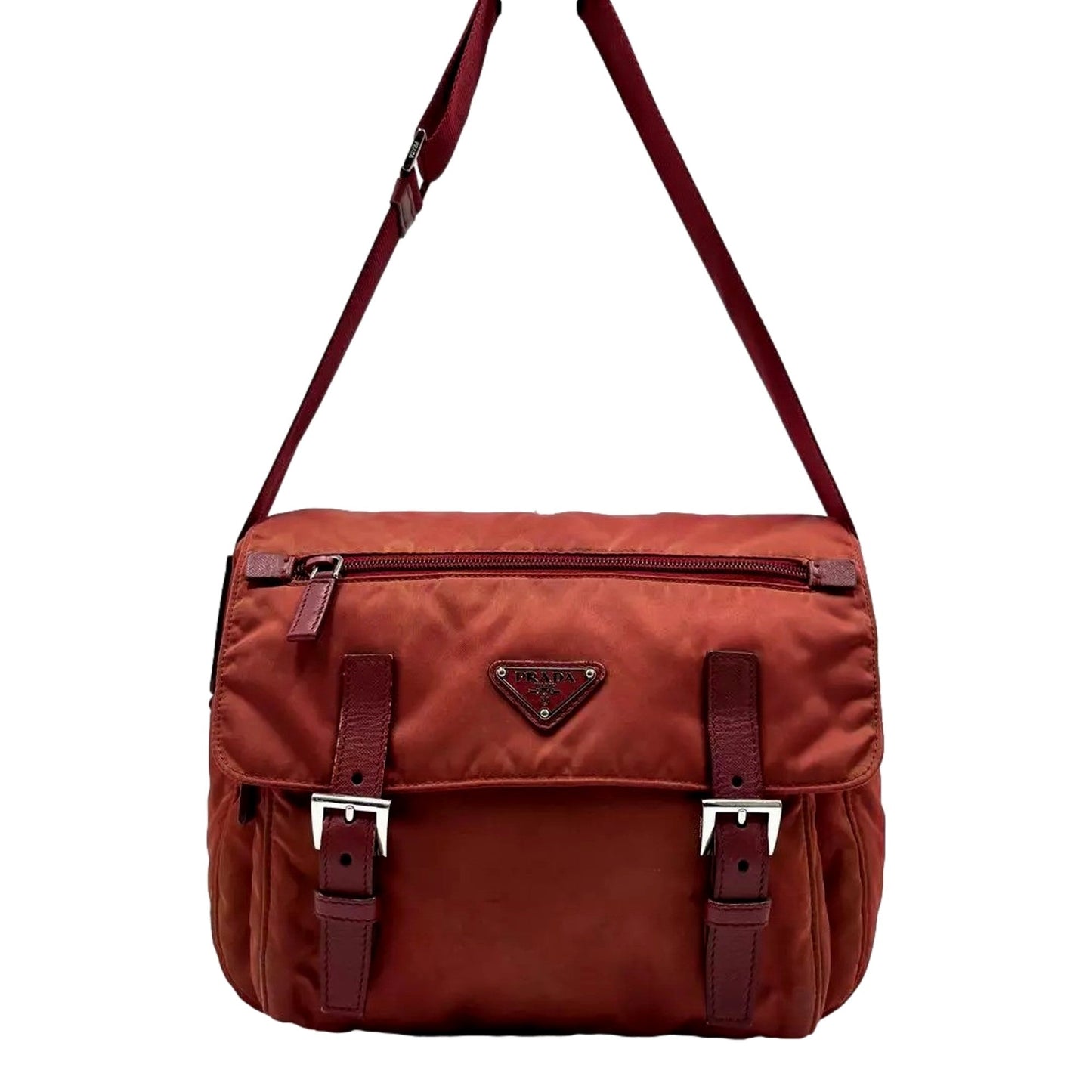 Prada Double Buckle Flap Messenger Bag Tessuto Nylon Large Burgundy Red