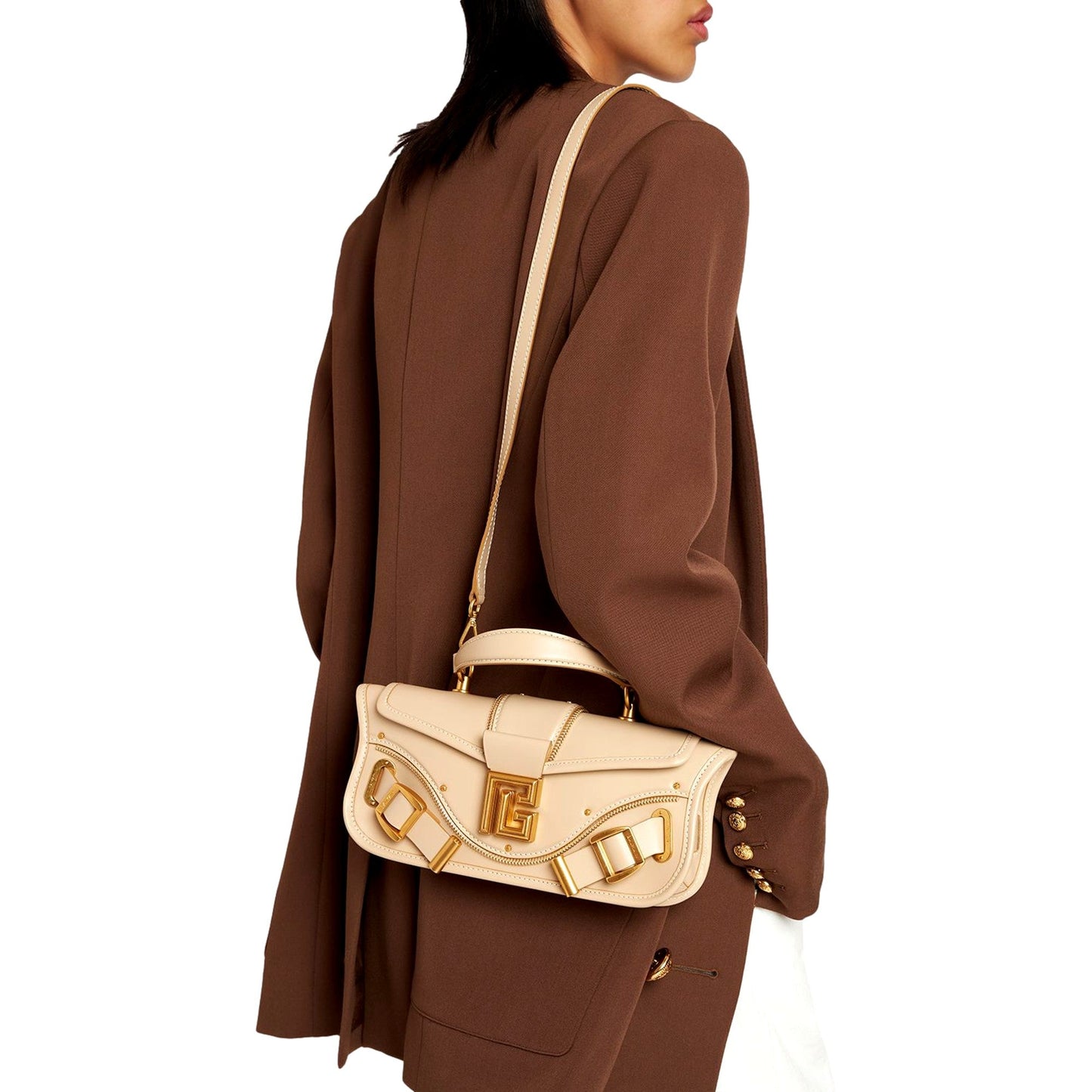 Balmain Blaze Beige Calf Leather Baguette Top Handle Crossbody Bag