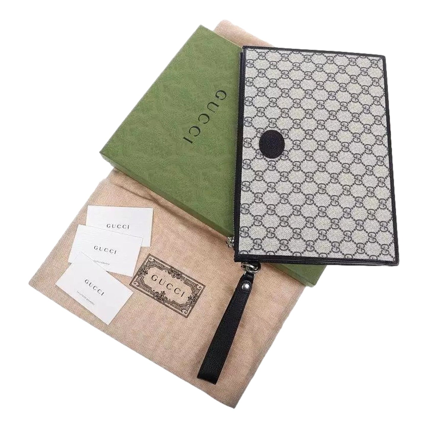 Gucci GG Supreme Coated Canvas Wristlet Clutch Handbag Beige and Navy