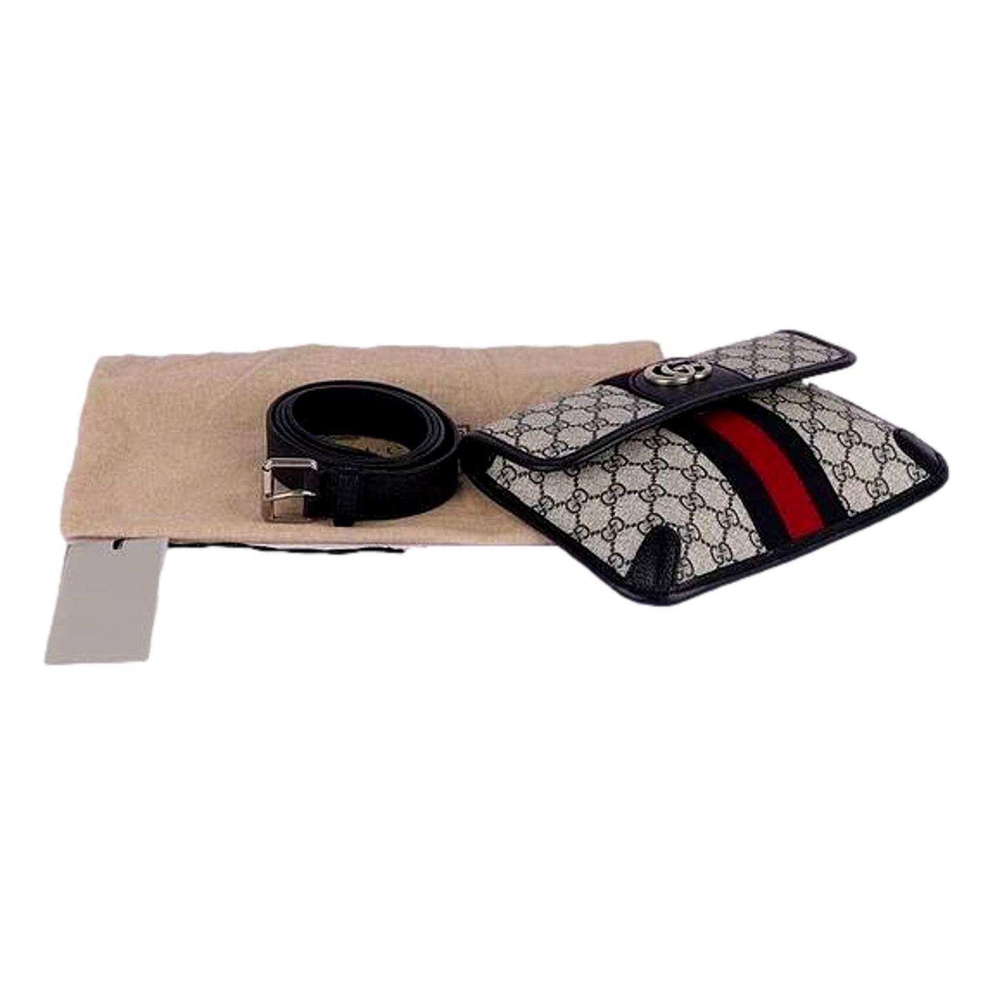 Gucci Ophidia Flap Belt Bag GG Beige Coated Canvas Navy and Red