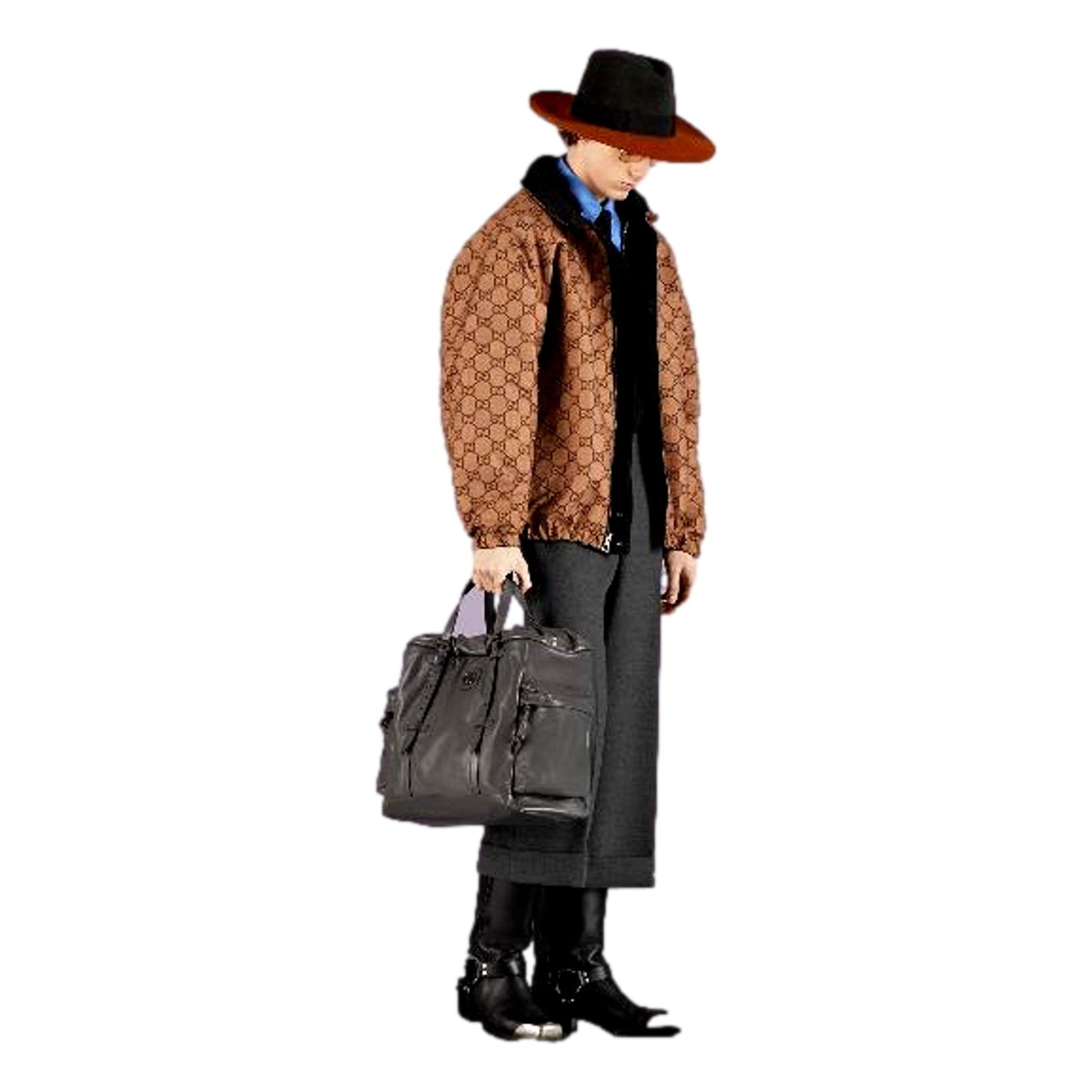 Gucci Gray Leather Drawstring Tote Bag With Tonal Double G Logo