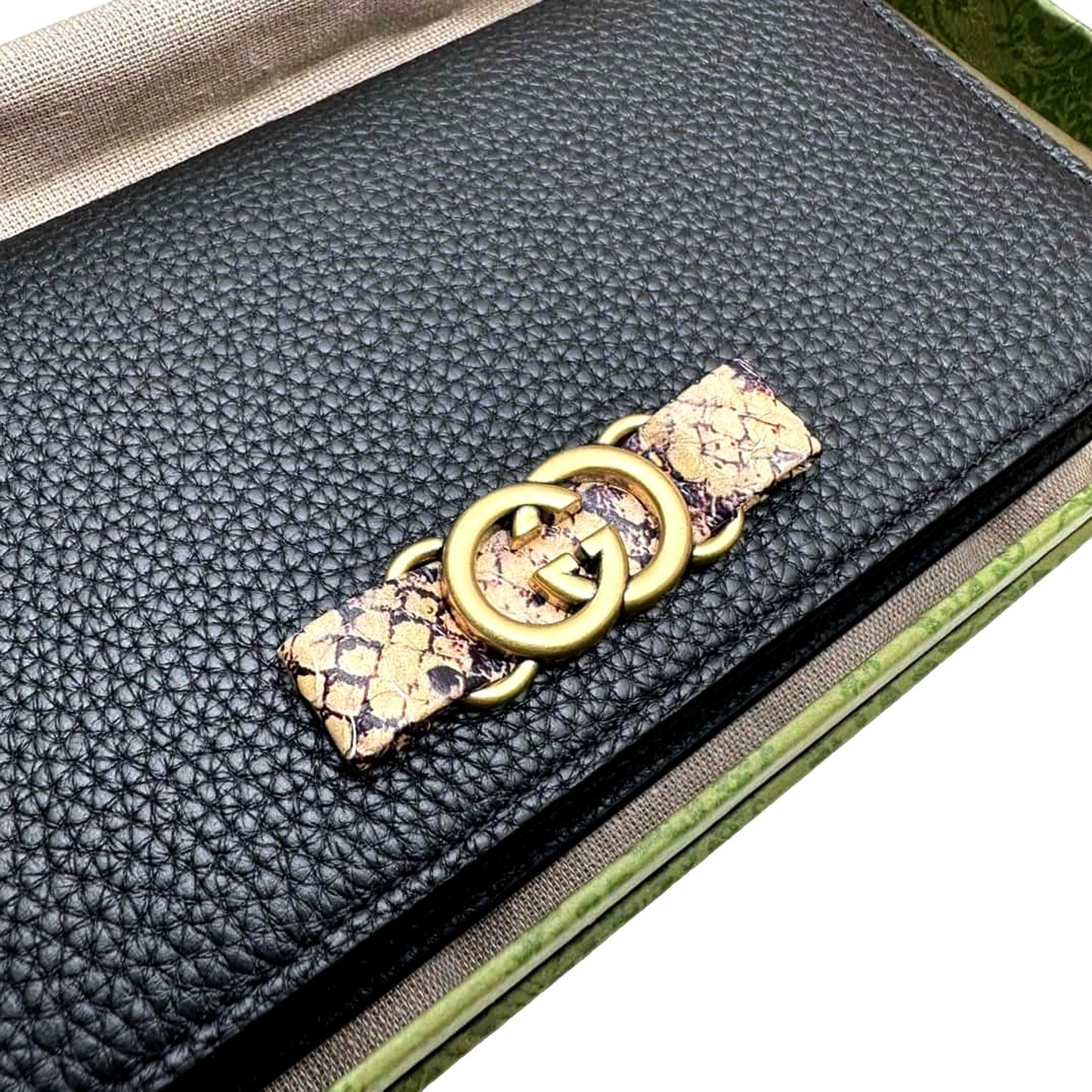 Gucci Interlocking Double G Python Leather Bow Chain Wallet Black