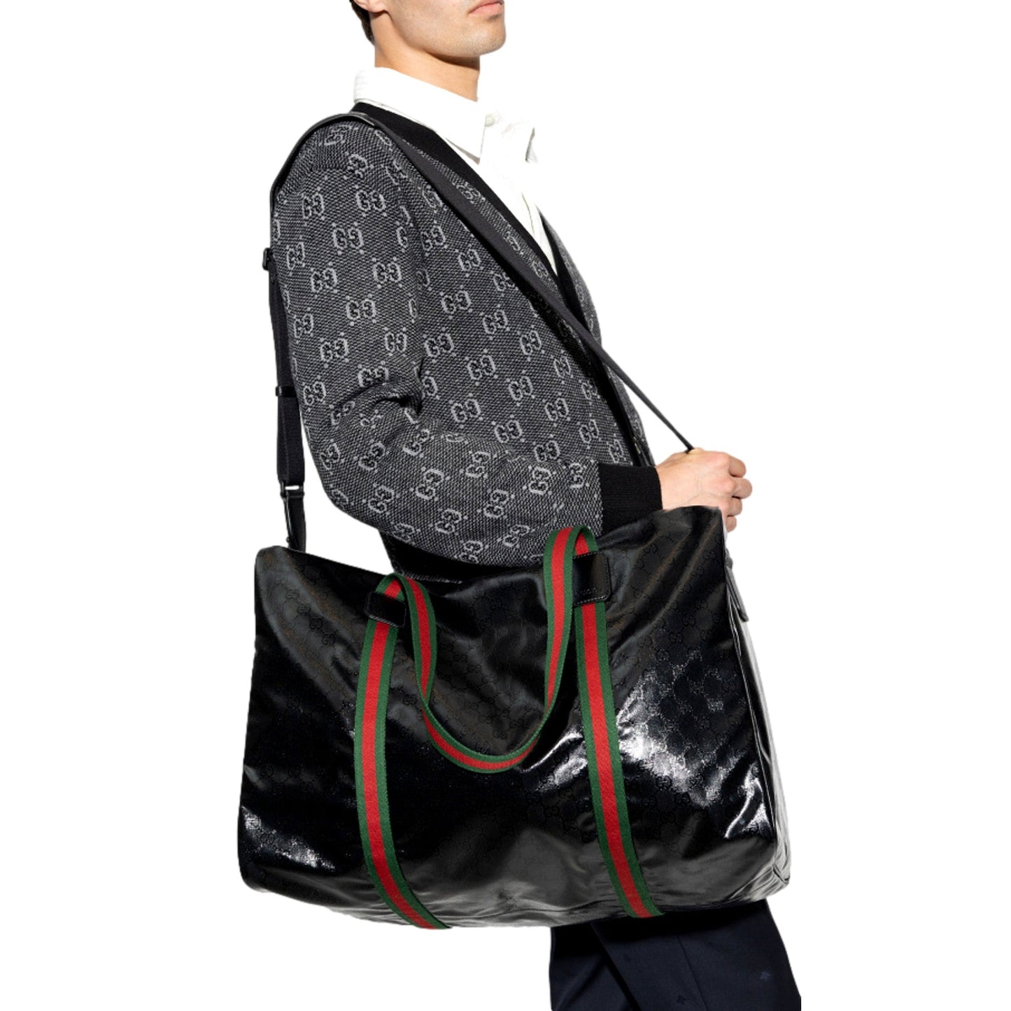 Gucci GG Black Glossy ‘Duffle Maxi’ Calfskin Leather Trim Duffel Bag