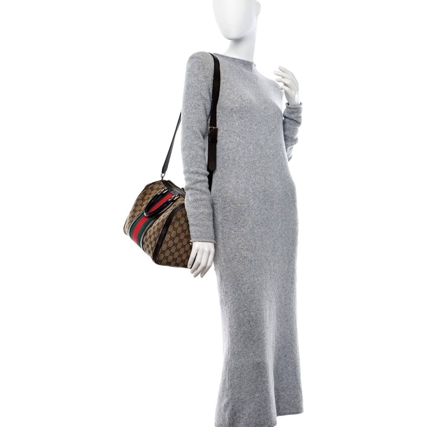 Gucci GG Beige Ebony Cocoa Web Stripe Boston Brown Leather Satchel Handbag