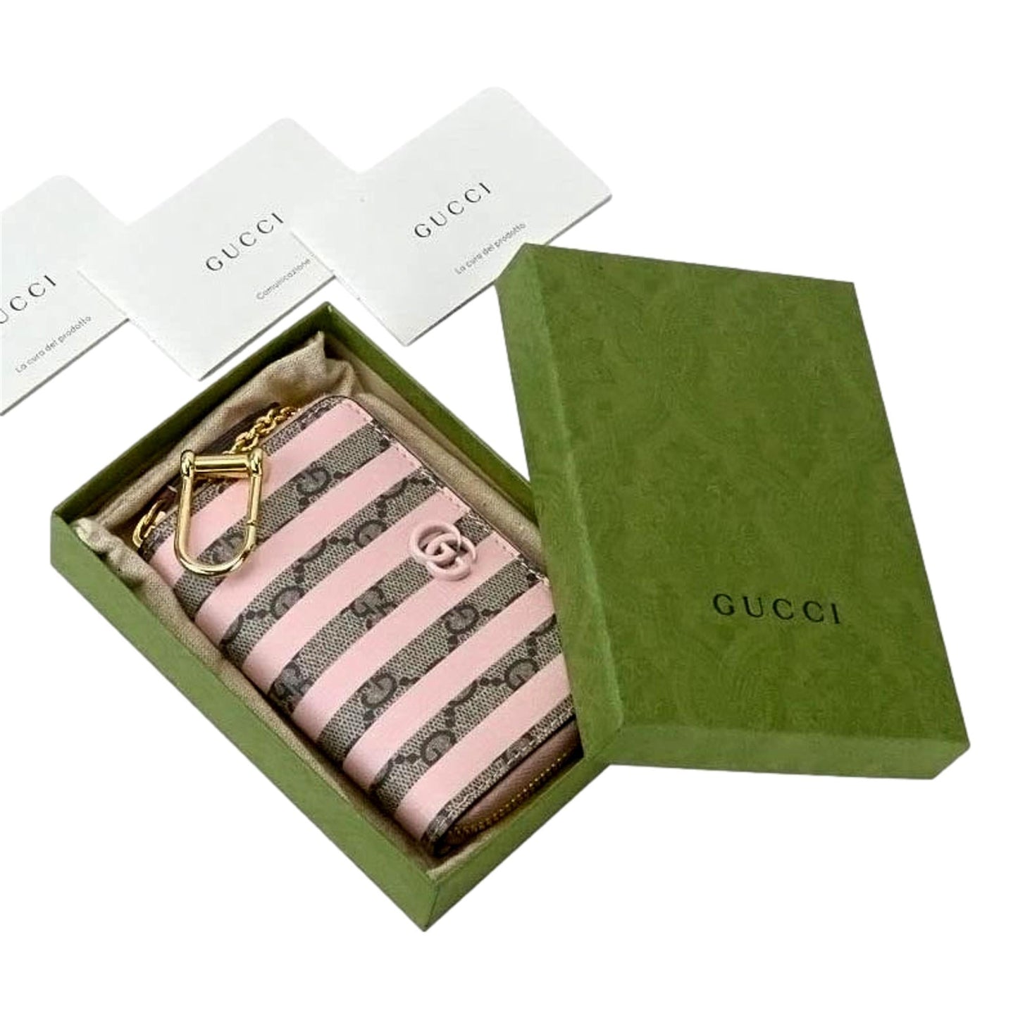 Gucci GG Monogram Canvas Pink Stripes Zip Around Compact Wallet