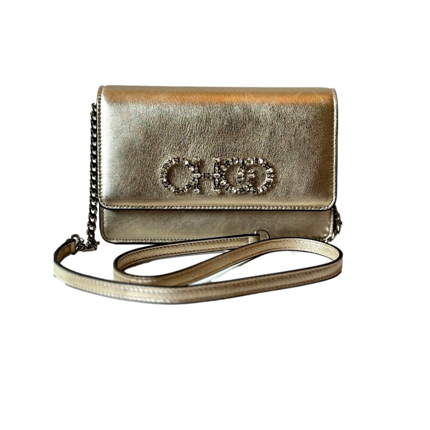 Jimmy Choo Kalina Crossbody Clutch Bag Crystal Logo Metallic Gold