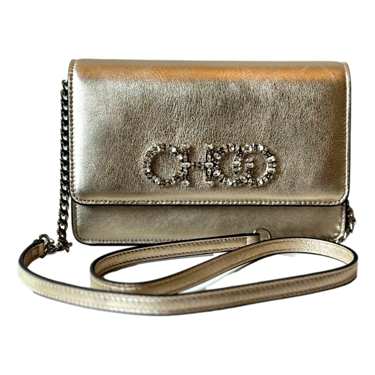 Jimmy Choo Kalina Crossbody Clutch Bag Crystal Logo Metallic Gold
