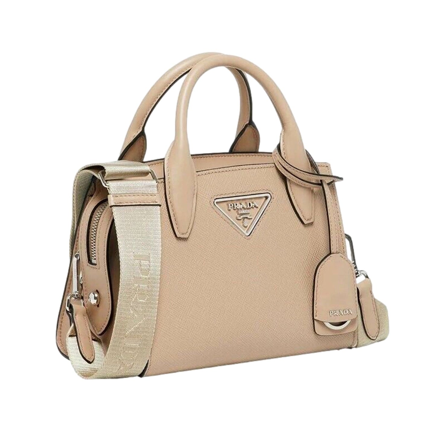 Prada Kristen Saffiano Top Handle Mini Tote Crossbody Bag Cammeo Beige