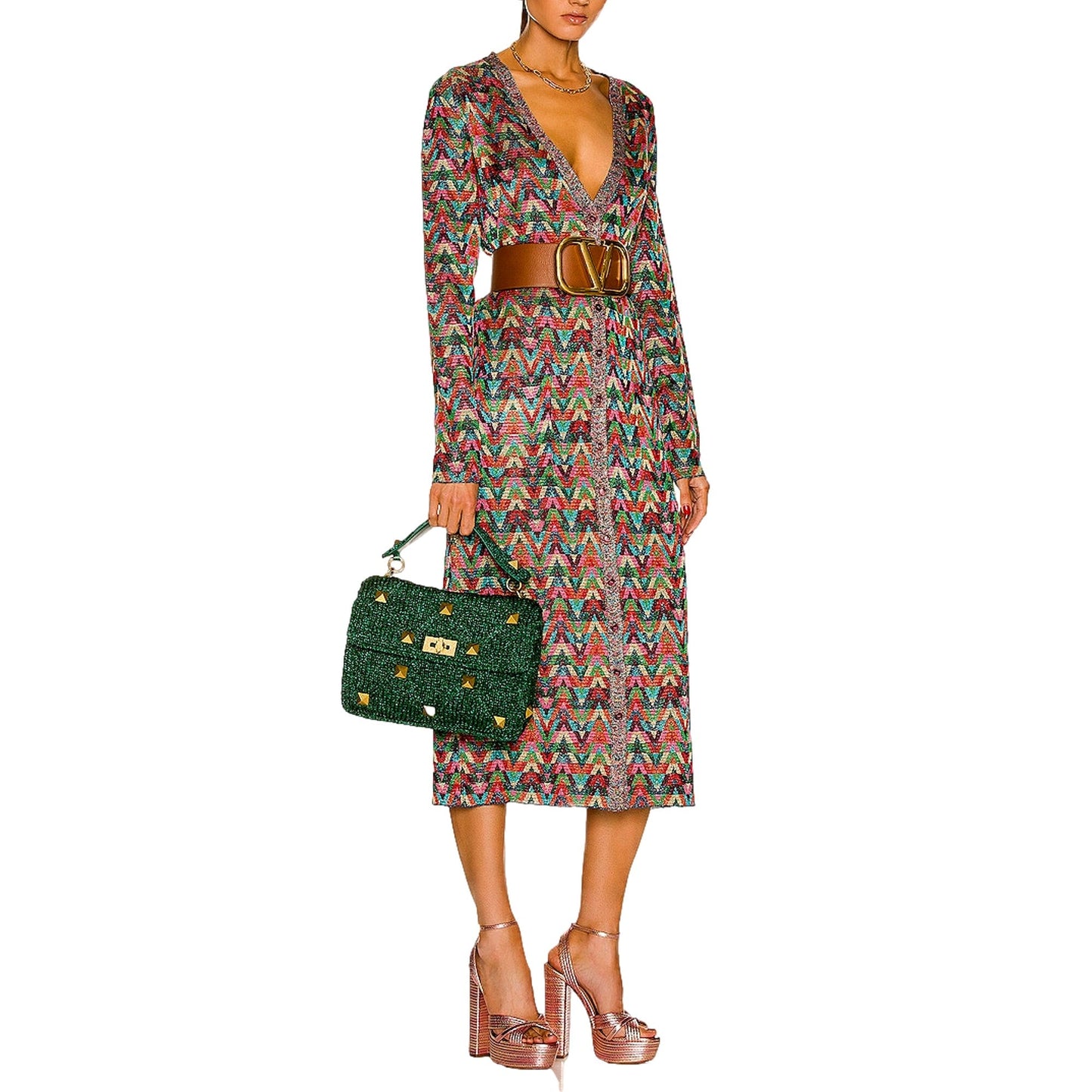 Valentino Garavani Roman Stud Large Shoulder Bag Metallic Green Lurex