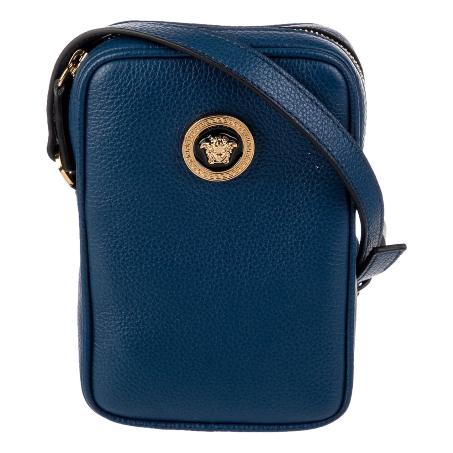 Versace La Medusa Navy Blue Grain Leather Mini Crossbody Bag
