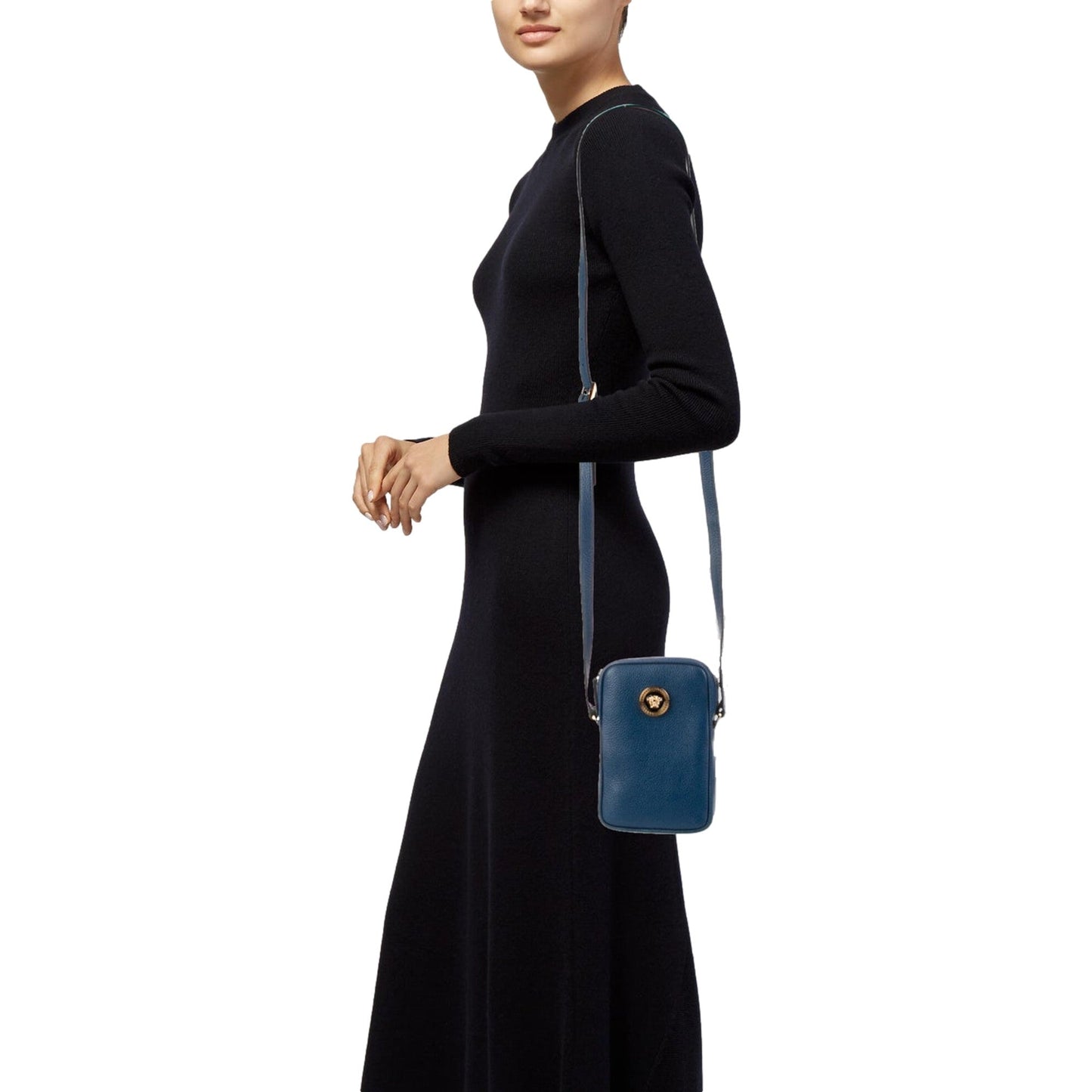 Versace La Medusa Navy Blue Grain Leather Mini Crossbody Bag