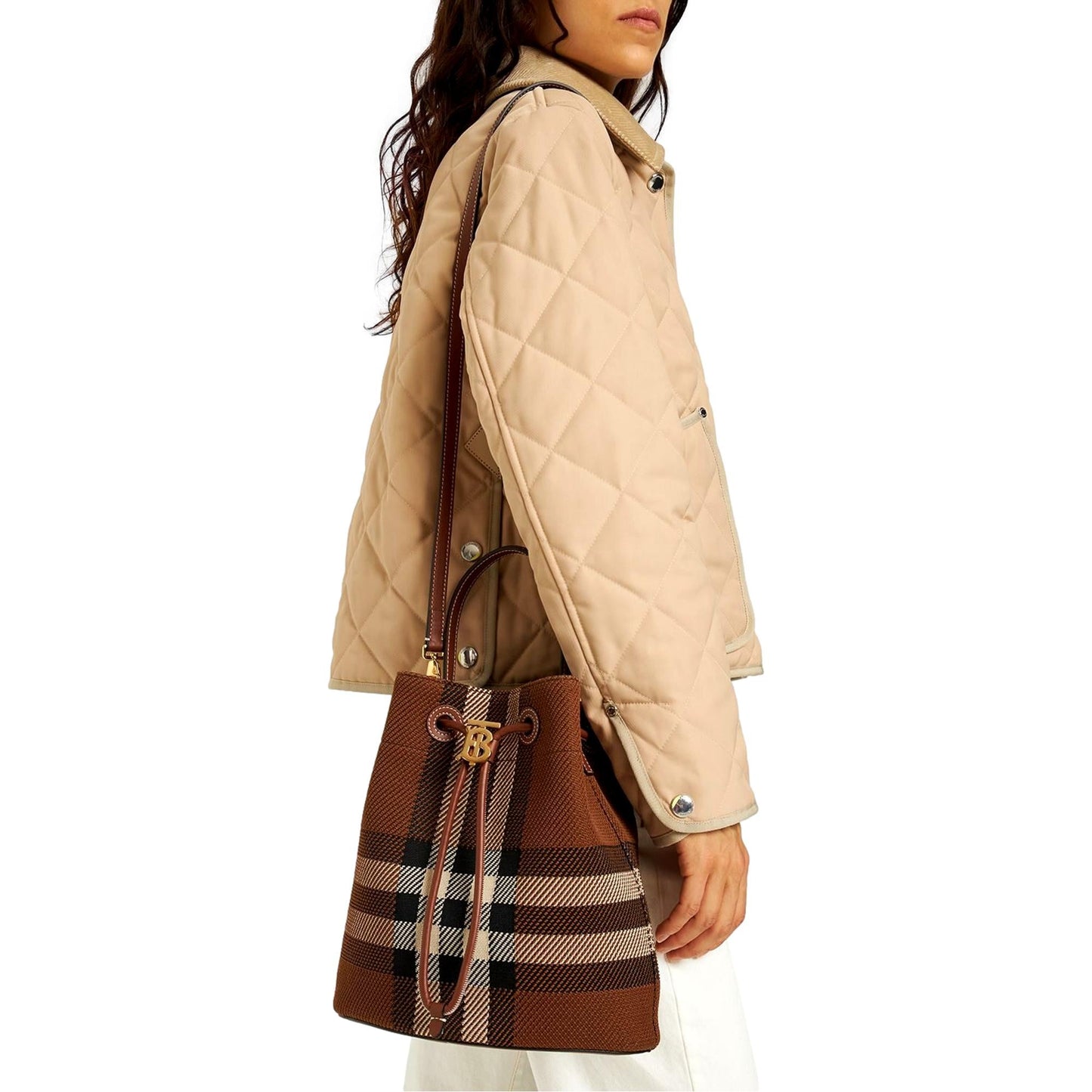 Burberry TB Dark Birch Knitted Check and Leather Small Drawstring Bucket Bag