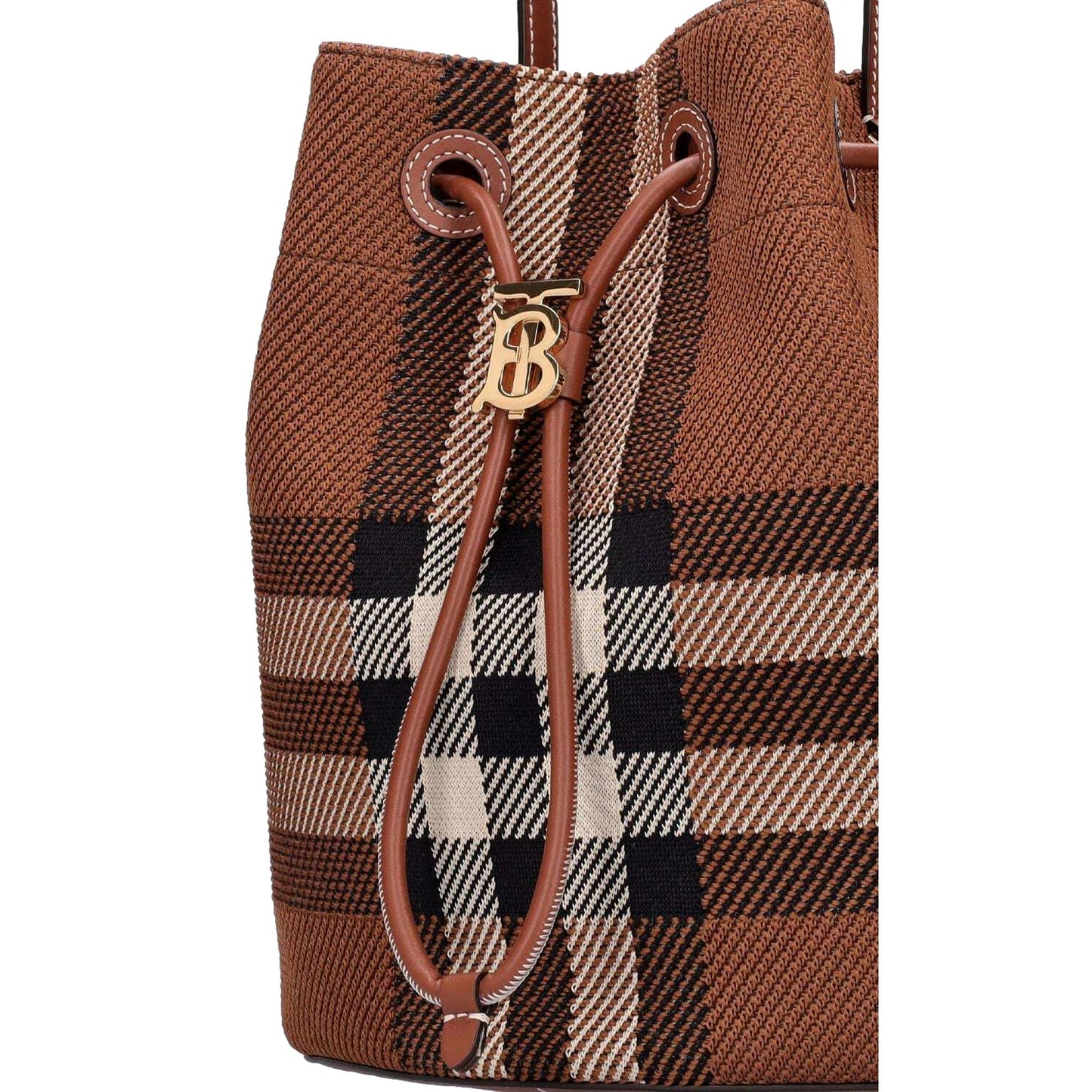 Burberry TB Dark Birch Knitted Check and Leather Small Drawstring Bucket Bag