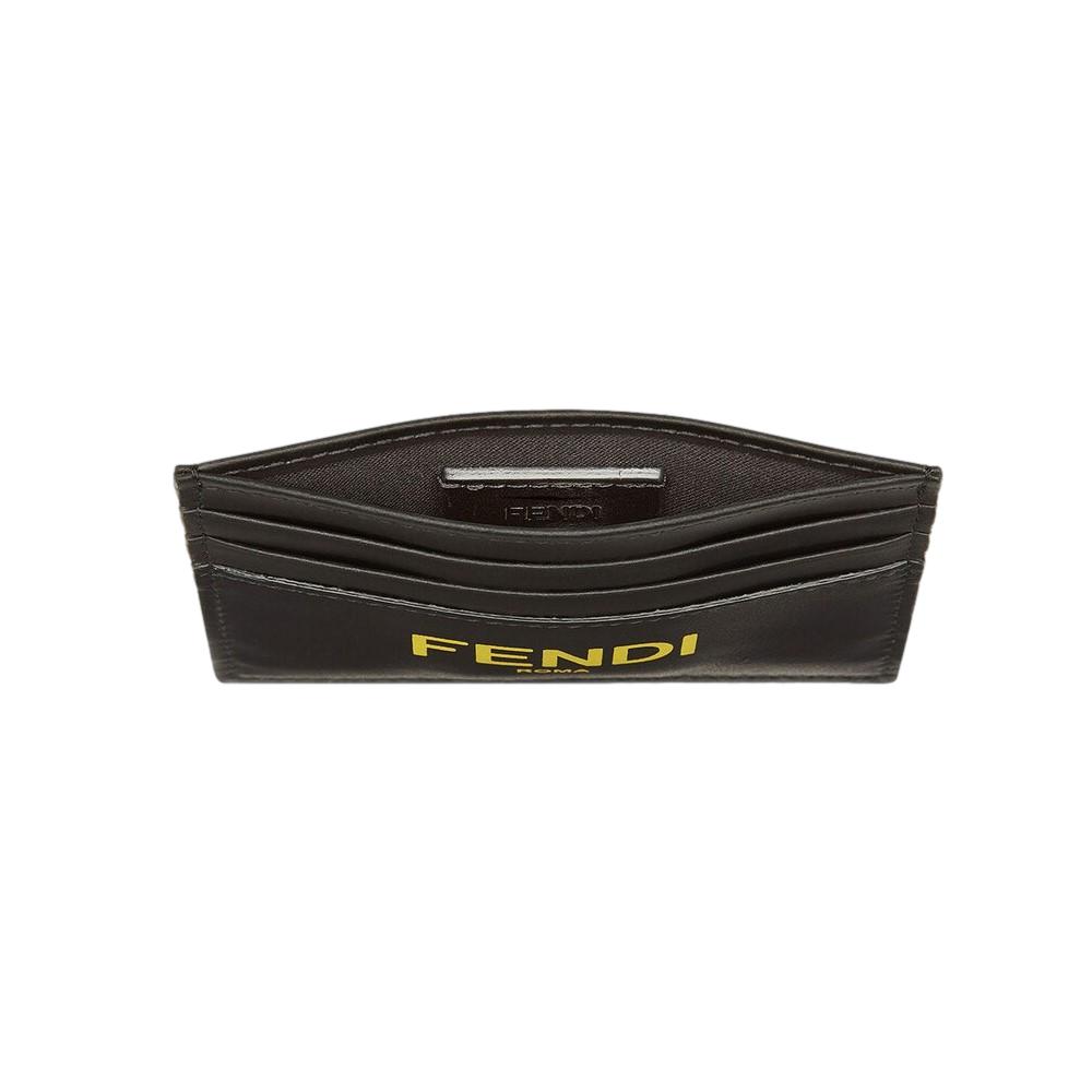 Fendi Black Calfskin Leather Yellow Logo Card Case Wallet 7M0164