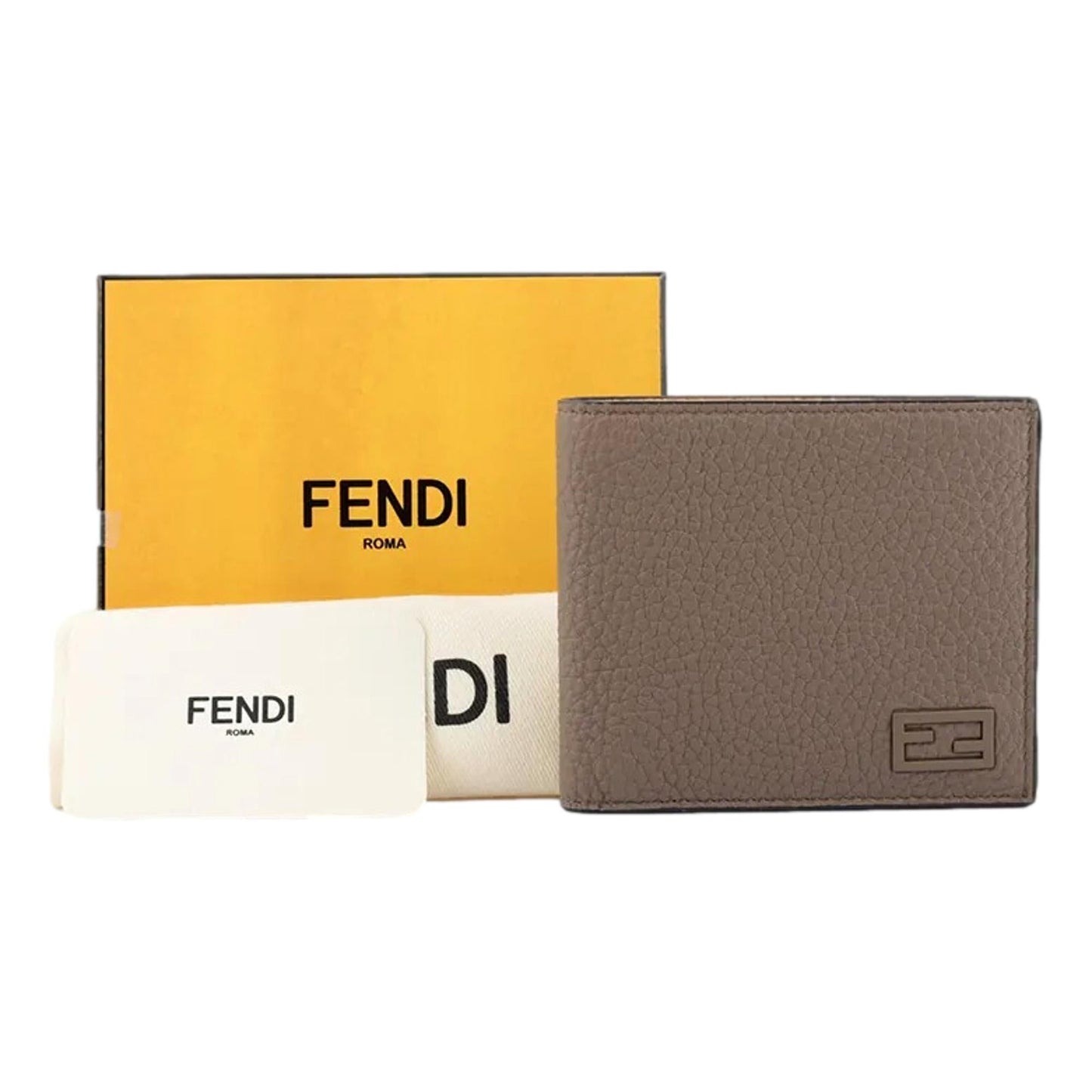 Fendi FF Logo Plaque Tartufo Gray Pebbled Calf Leather Bifold Wallet