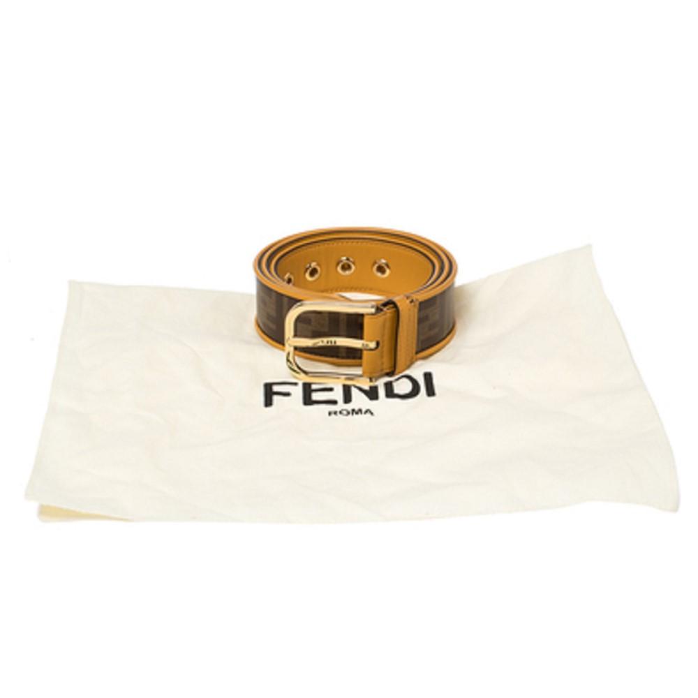 Fendi FF Logo Zucca Brown Yellow Leather Trim Belt 7C0400 Size 100/40