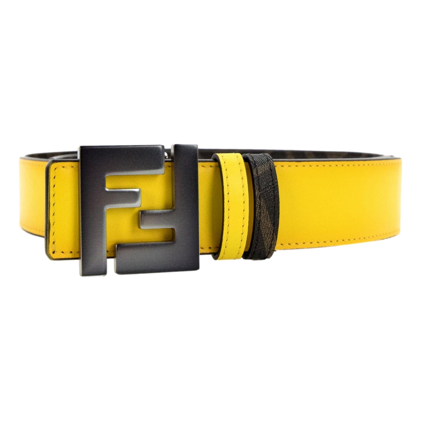 Fendi Mens FF Reversible Yellow Leather and Brown FF Canvas Belt 7C0468 110