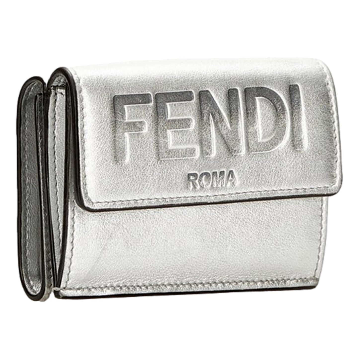 Fendi Roma Silver Metallic Calf Leather Micro Trifold Wallet