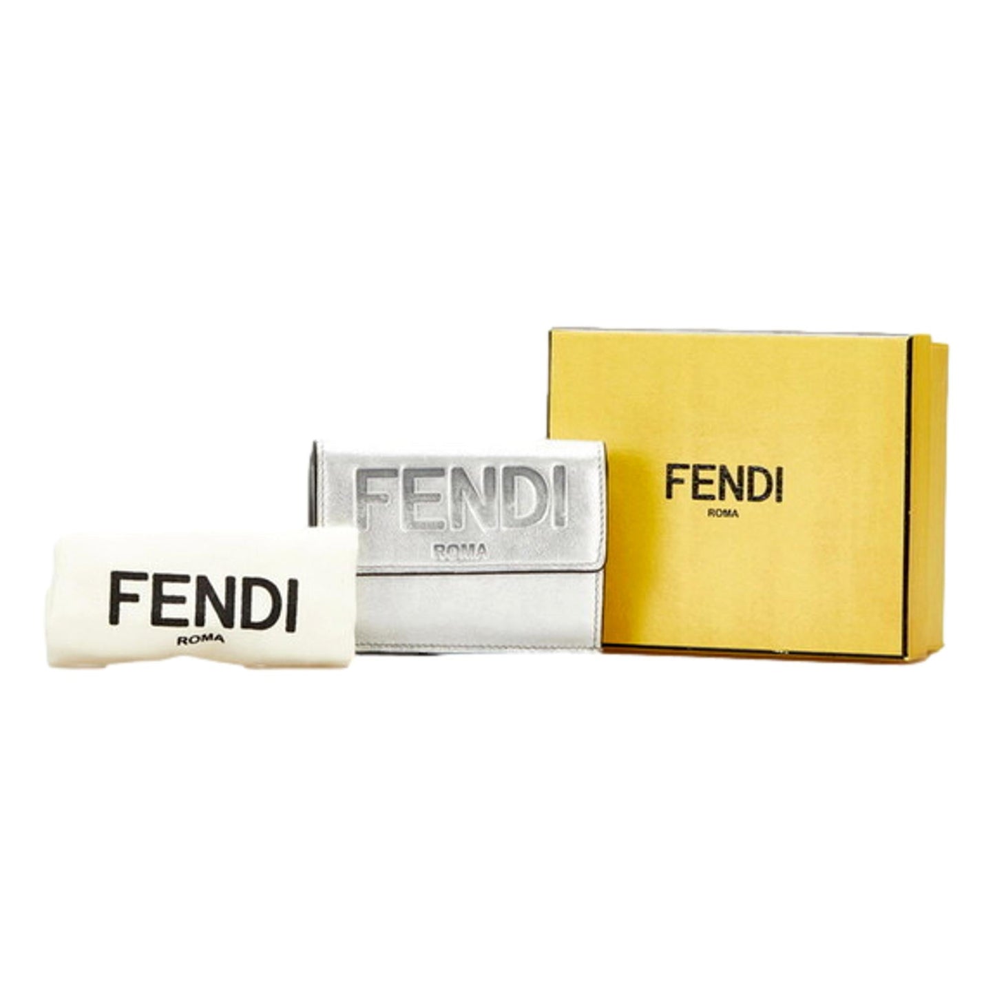 Fendi Roma Silver Metallic Calf Leather Micro Trifold Wallet