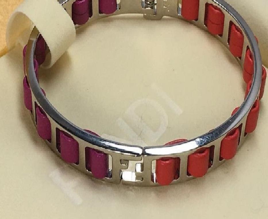 Fendi The Fendista Leather Fuchsia Orange Band Bangle Bracelet