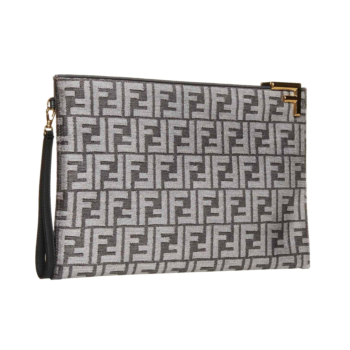 Fendi FF Anthracite Gray Chenille Jacquard Wristlet Clutch Bag