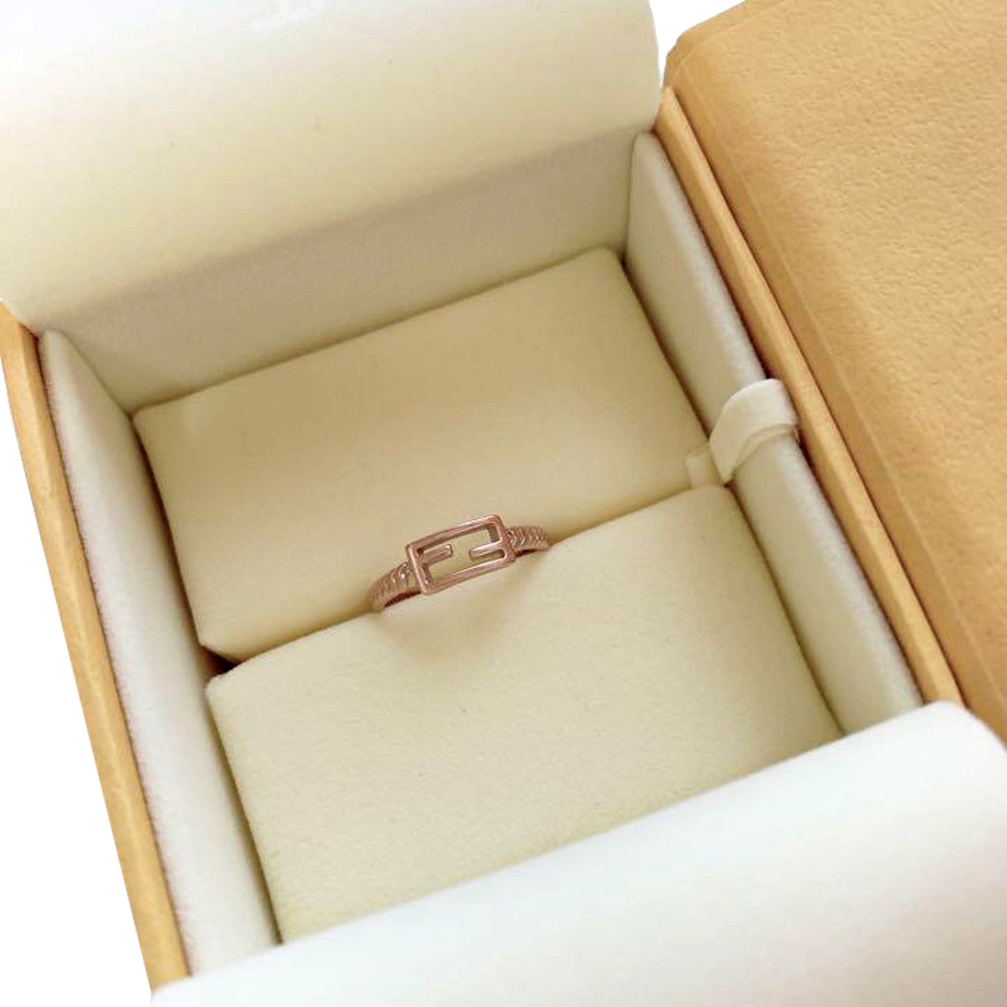 Fendi Baguette FF Logo Ring Rose Gold Twist Metal Band Size Medium