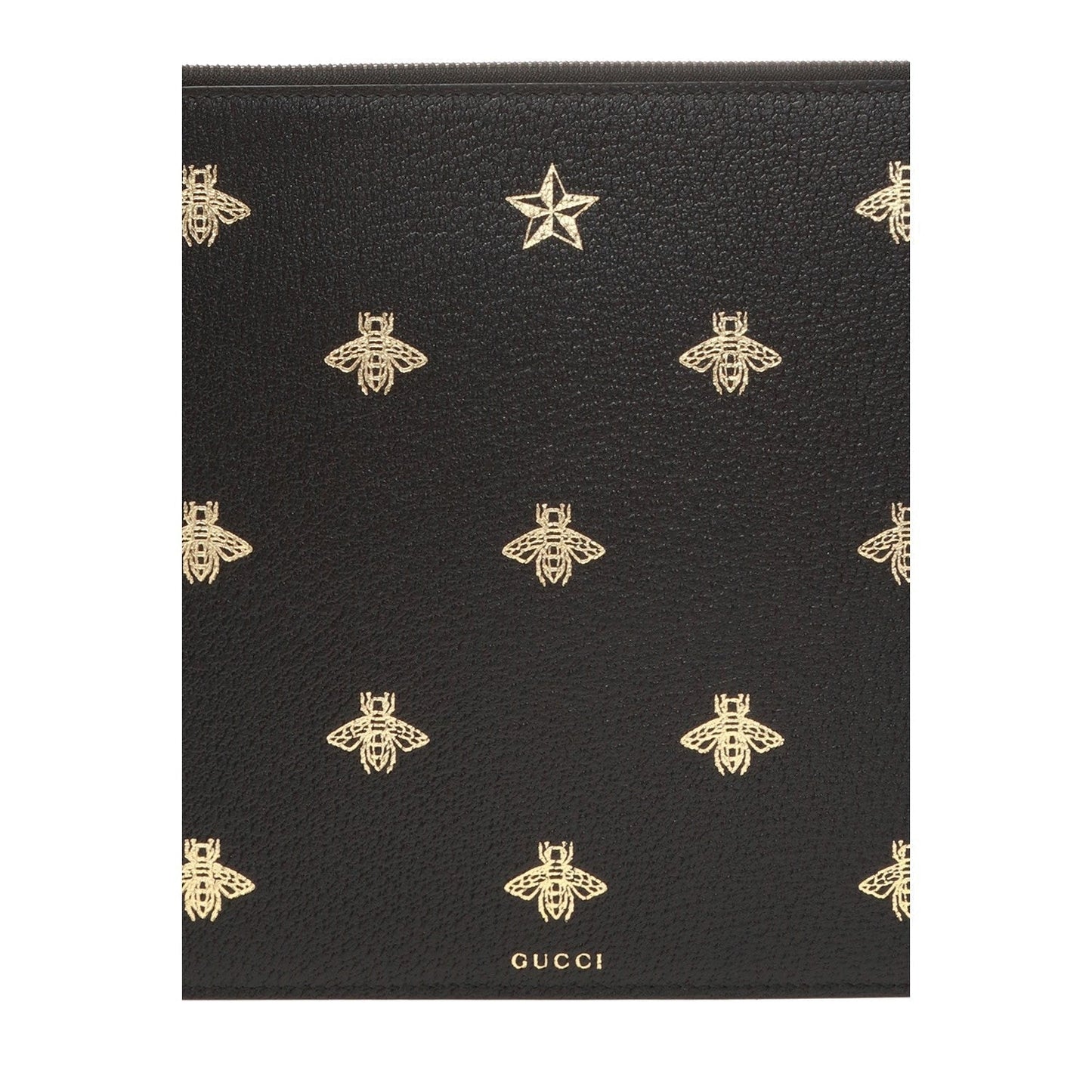 Gucci Black Leather Bee Star Motif Gold Pouch Wristlet Bag 495066