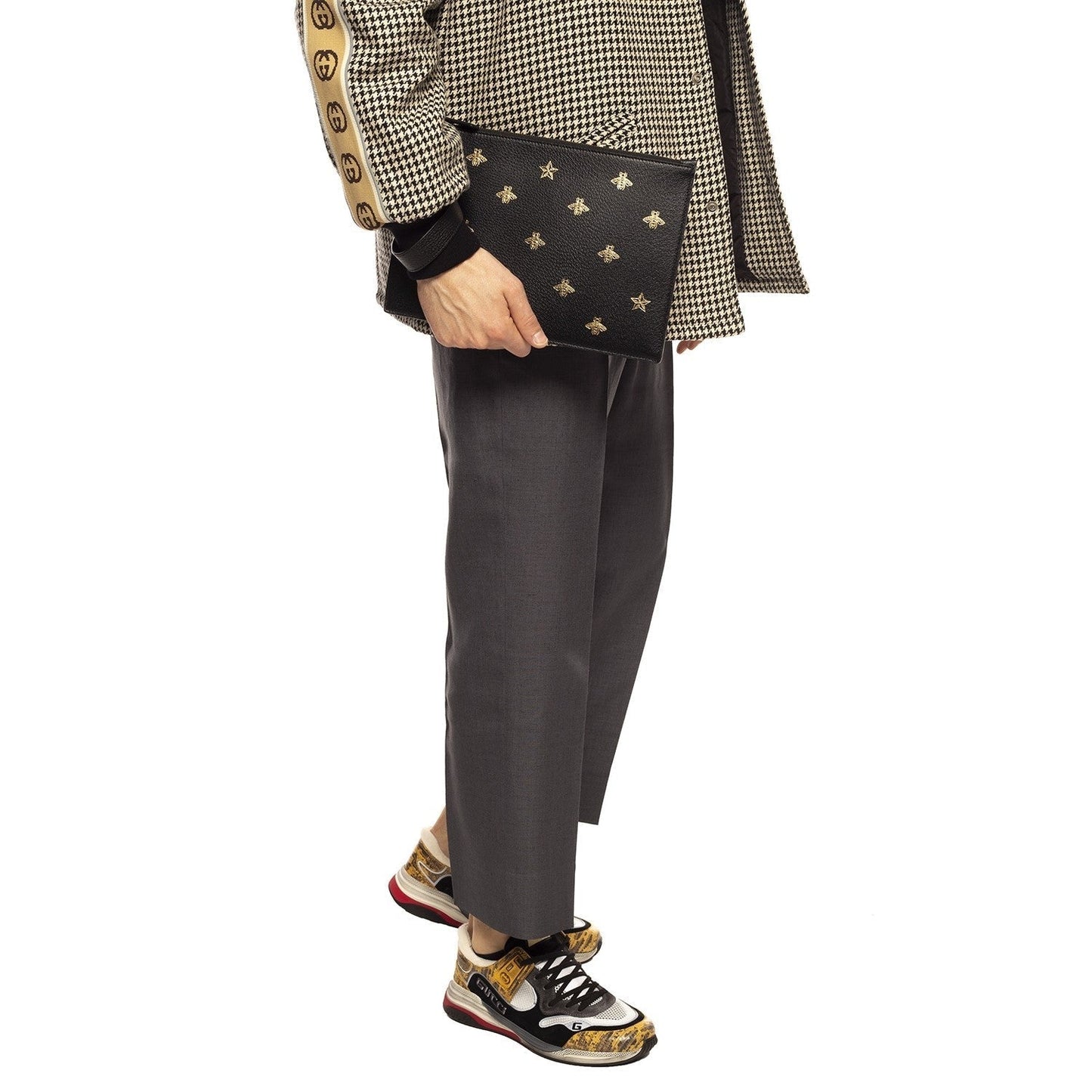 Gucci Black Leather Bee Star Motif Gold Pouch Wristlet Bag 495066
