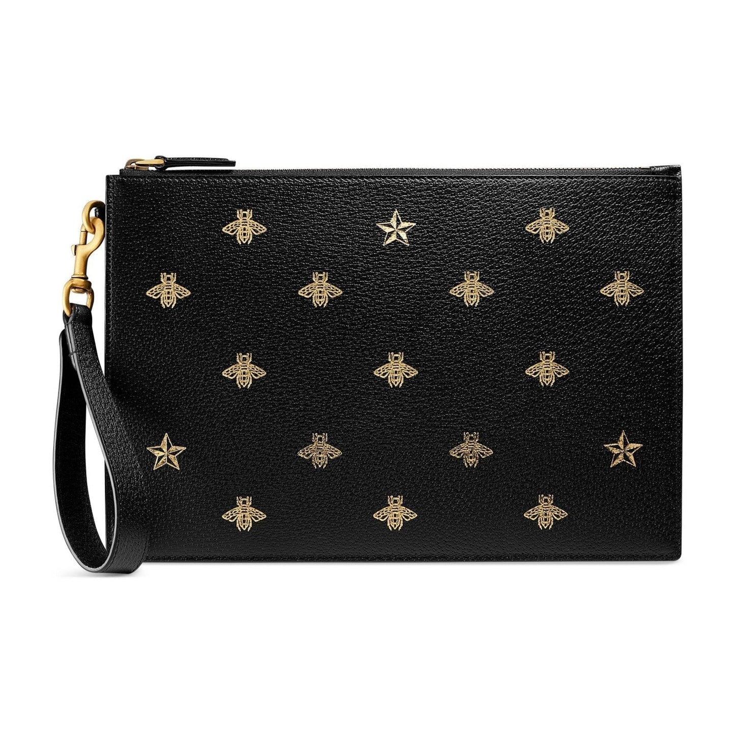Gucci Black Leather Bee Star Motif Gold Pouch Wristlet Bag 495066