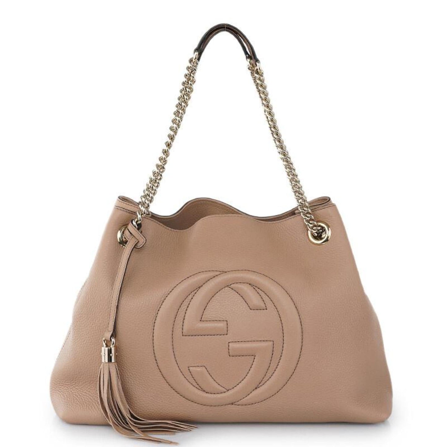 Gucci Soho Camelia Beige Cellarius GG Logo Leather Gold Chain Tote Bag