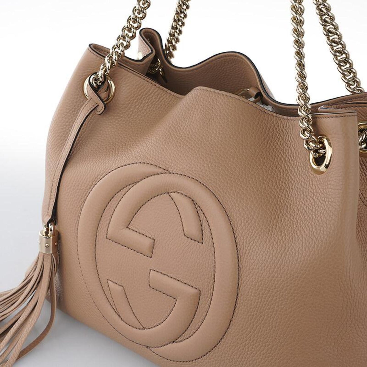 Gucci Soho Camelia Beige Cellarius GG Logo Leather Gold Chain Tote Bag