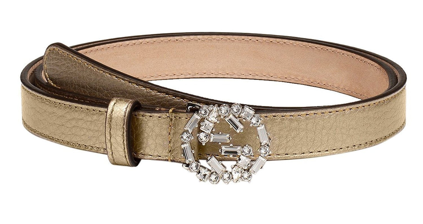 Gucci Women's Metallic Leather Crystal Interlocking GG Buckle Belt, 28, Beige