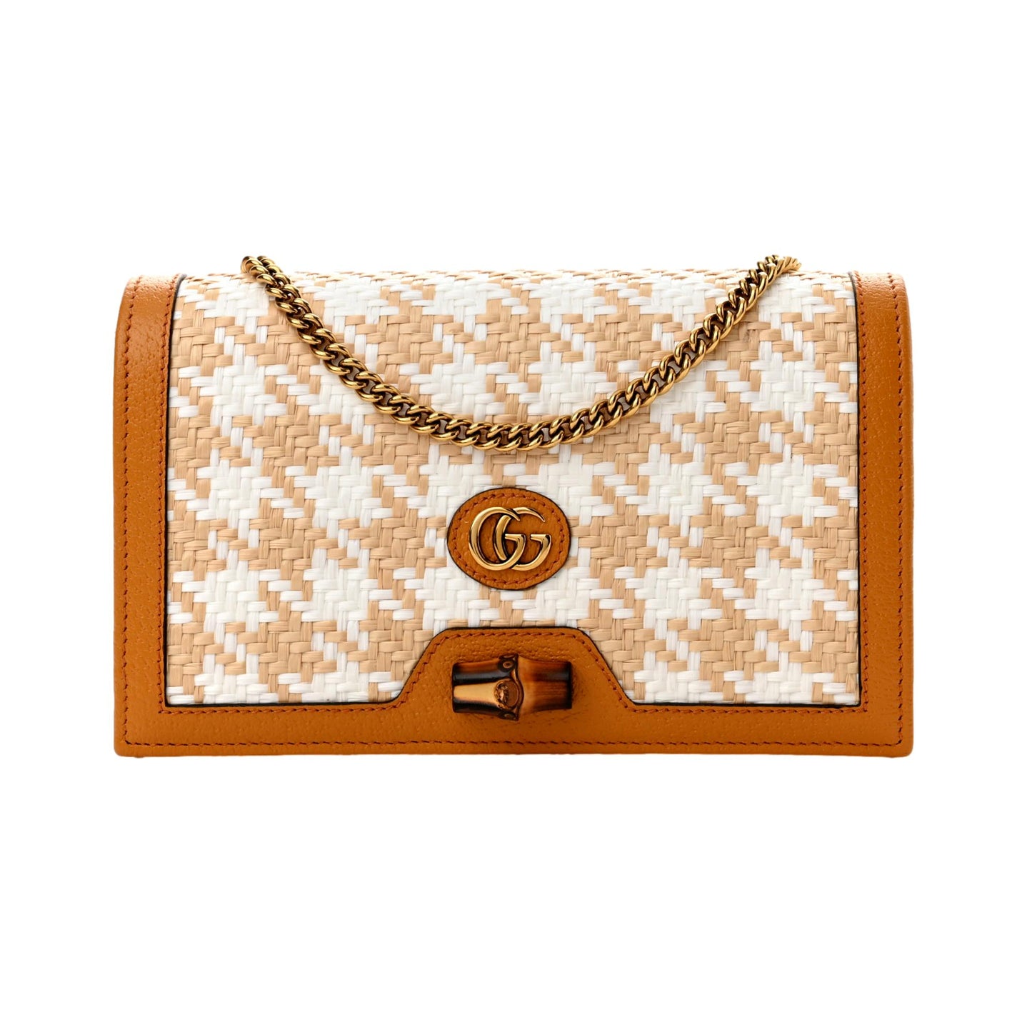 Gucci Diana Raffia Calfskin Houndstooth Bamboo Mini Crossbody Bag
