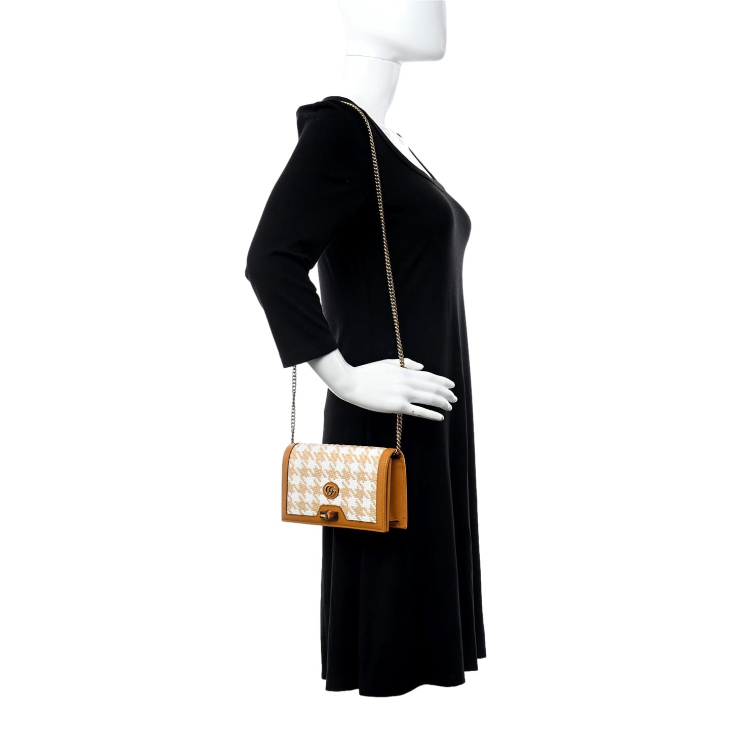 Gucci Diana Raffia Calfskin Houndstooth Bamboo Mini Crossbody Bag