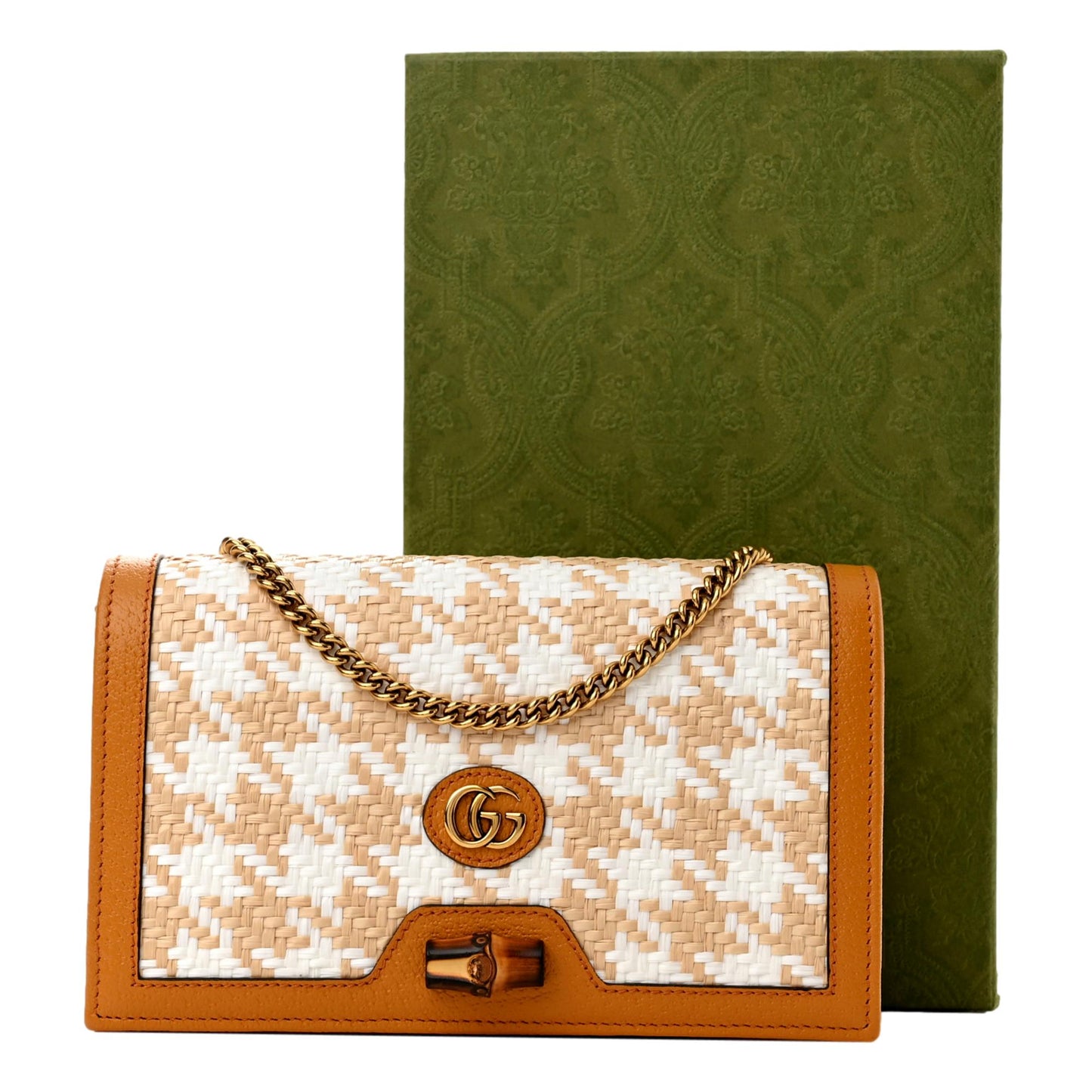 Gucci Diana Raffia Calfskin Houndstooth Bamboo Mini Crossbody Bag