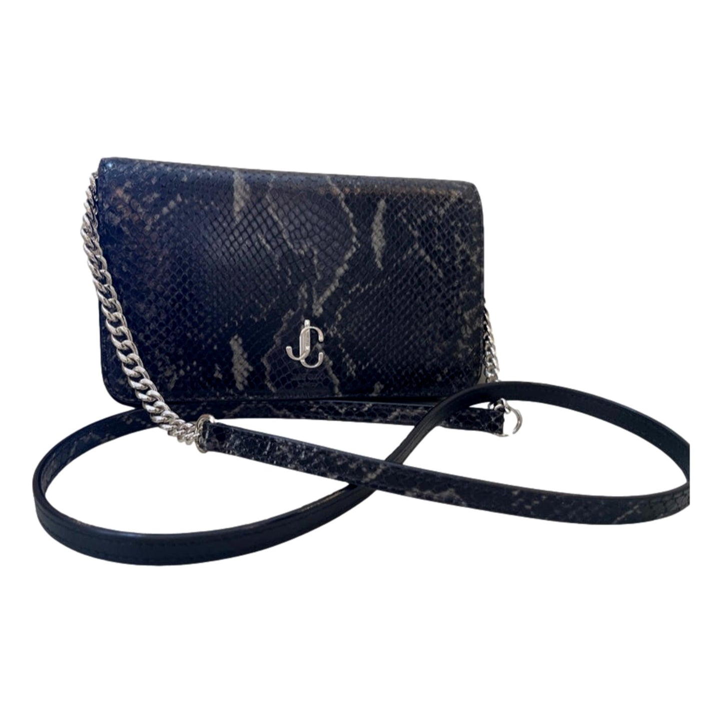 Jimmy Choo Martina Anthracite Snake Printed Leather Chain Wallet OPSL | 028