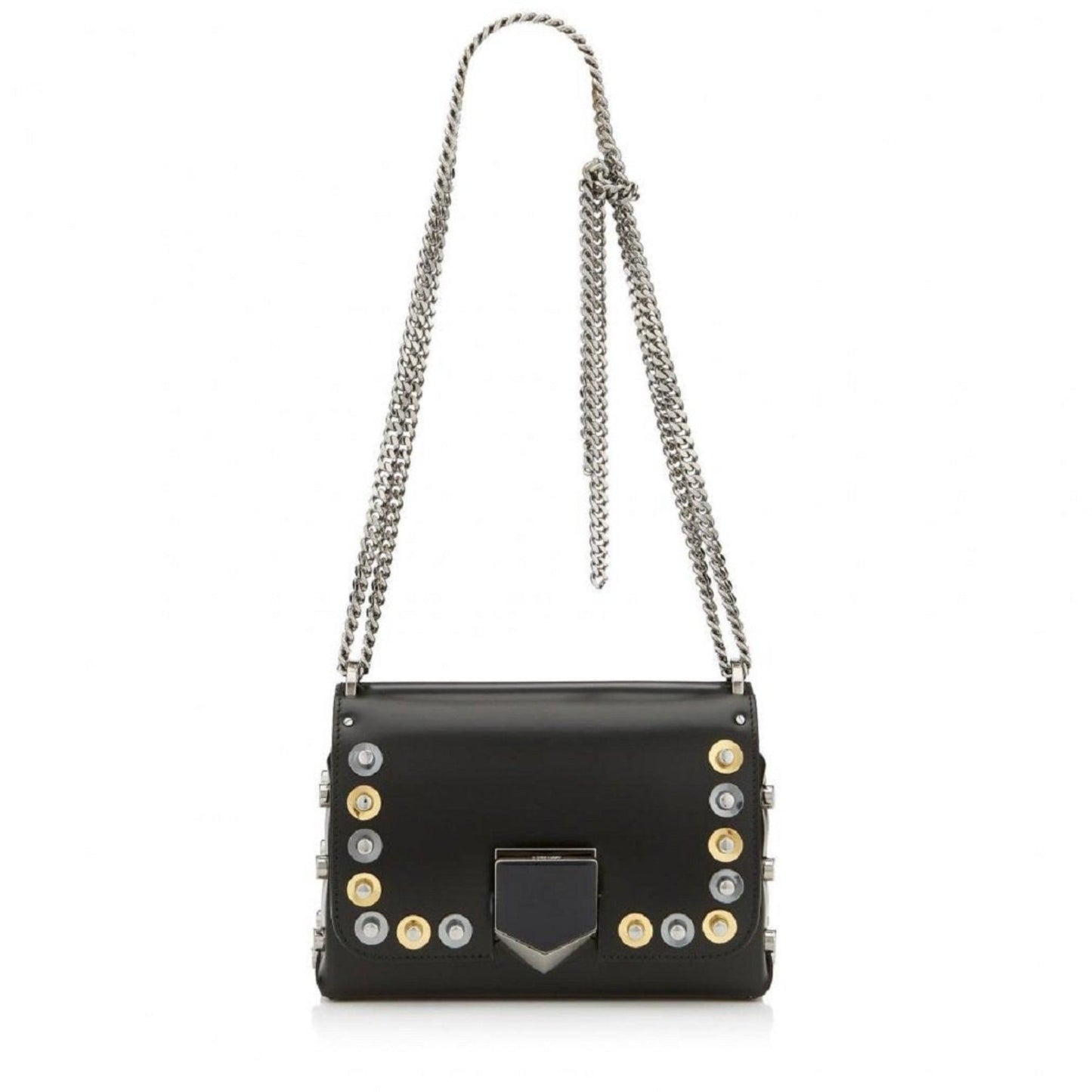 Jimmy Choo Lockett Petite Black Leather Gold Silver Studs