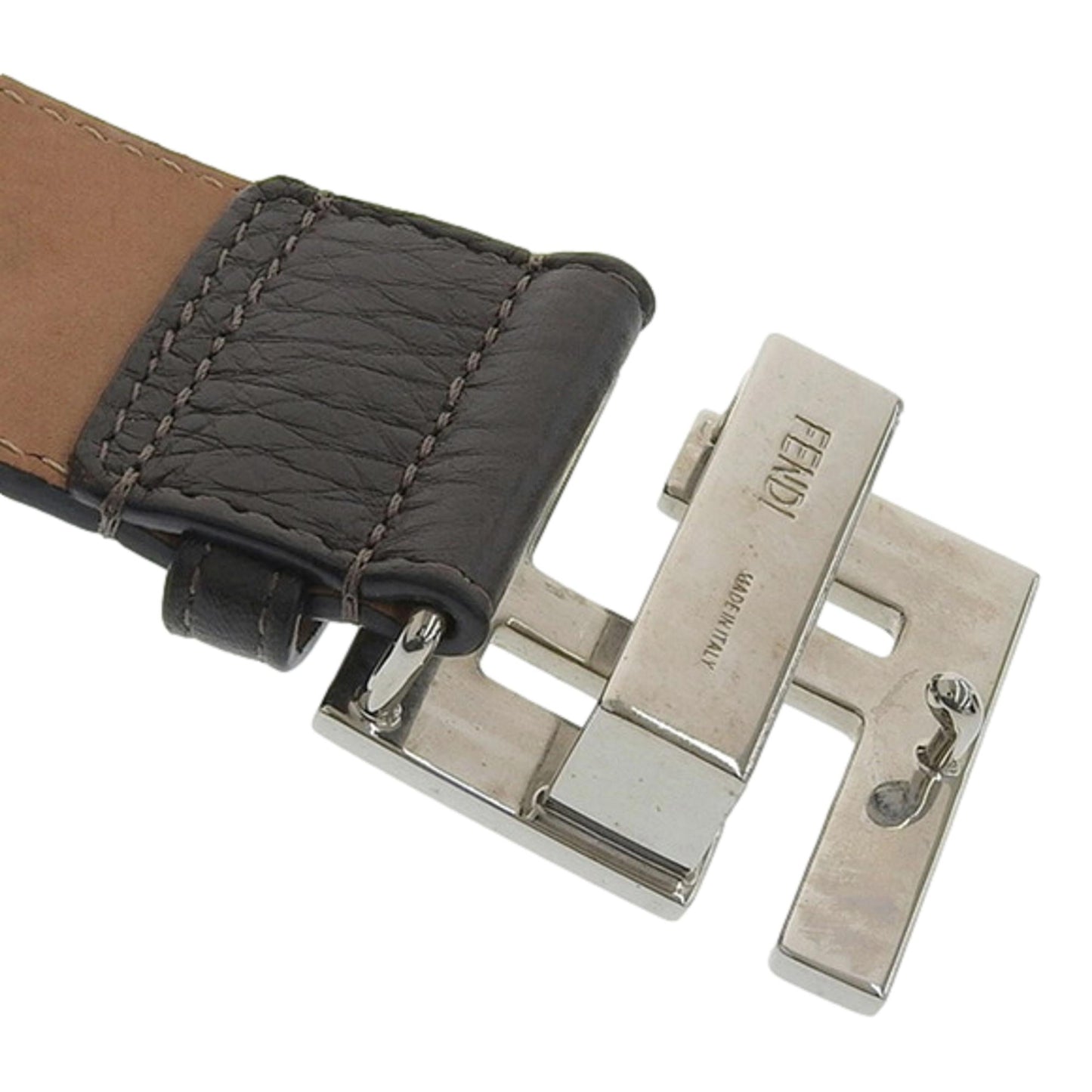 Fendi Mens FF Metal Buckle Dark Brown Grain Calf Leather Belt Size 105