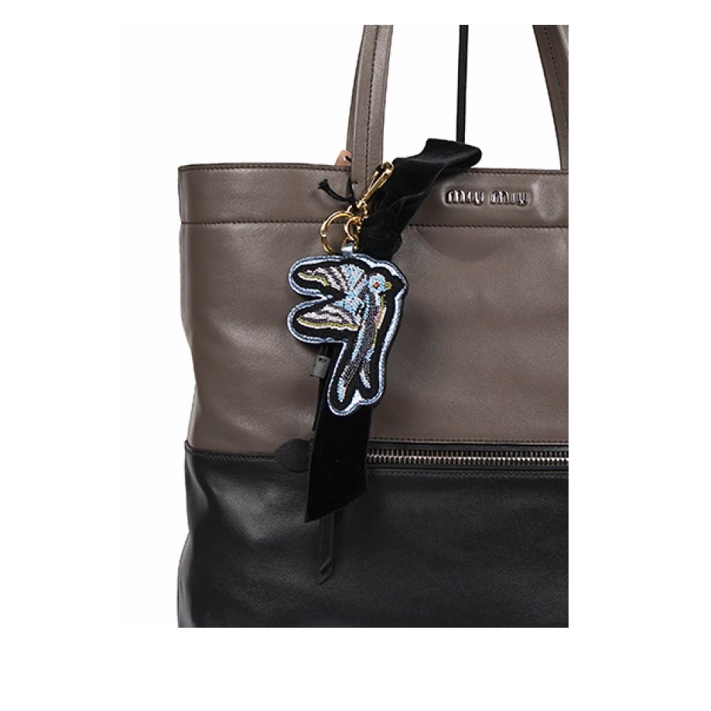 Miu Miu Trick Plex Blason Beaded Blue Bird Black Velvet Bow Keyring