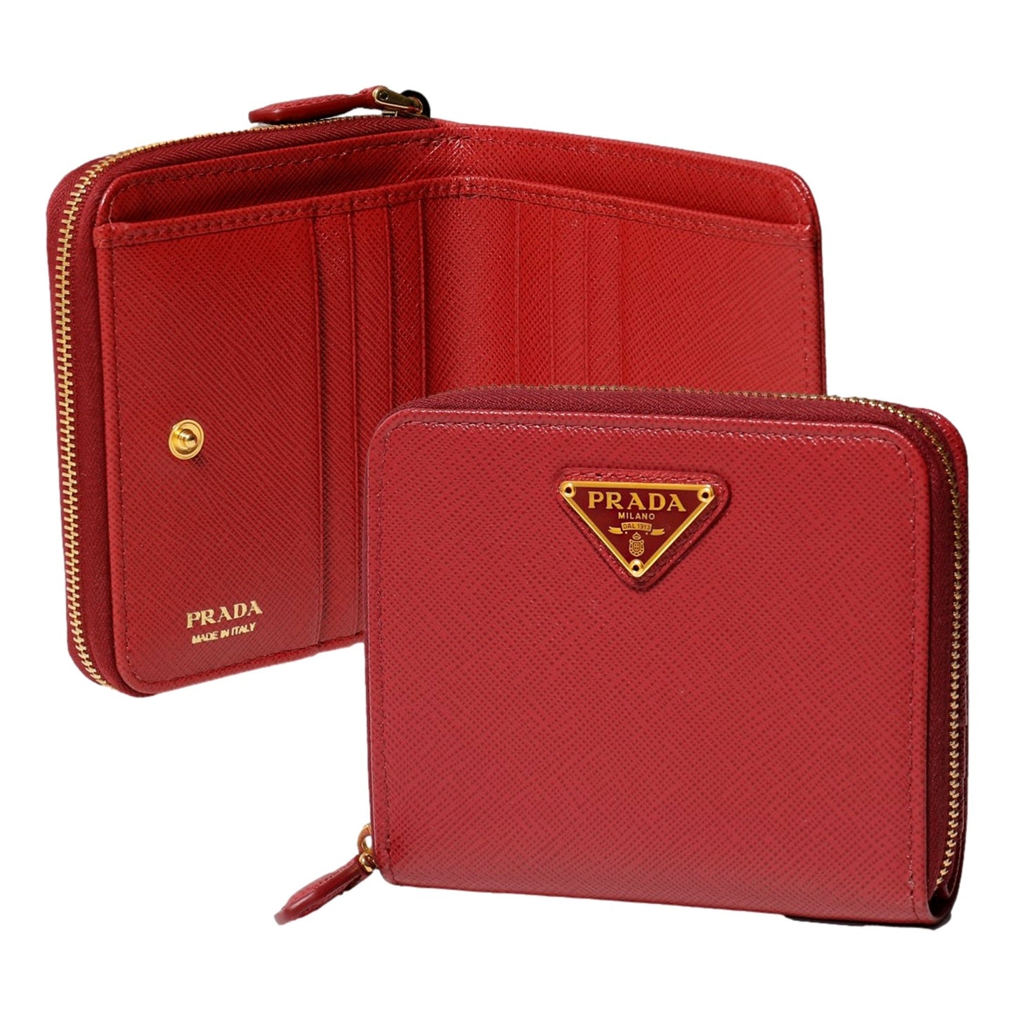 Prada Saffiano Leather Bi-fold Zip Wallet Fuoco Red