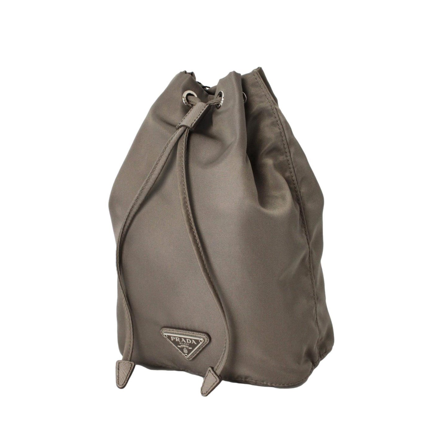 Prada Argilla Grey Tessuto Nylon Triangle Logo Bucket Bag 1NA369
