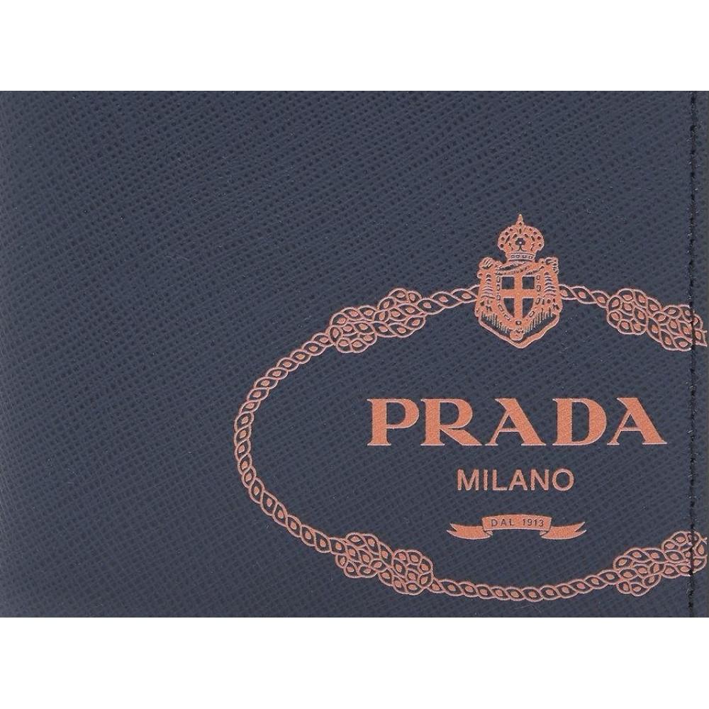 Prada Baltico Blue Saffiano Leather Orange Logo Zip Around Wallet 2ML317
