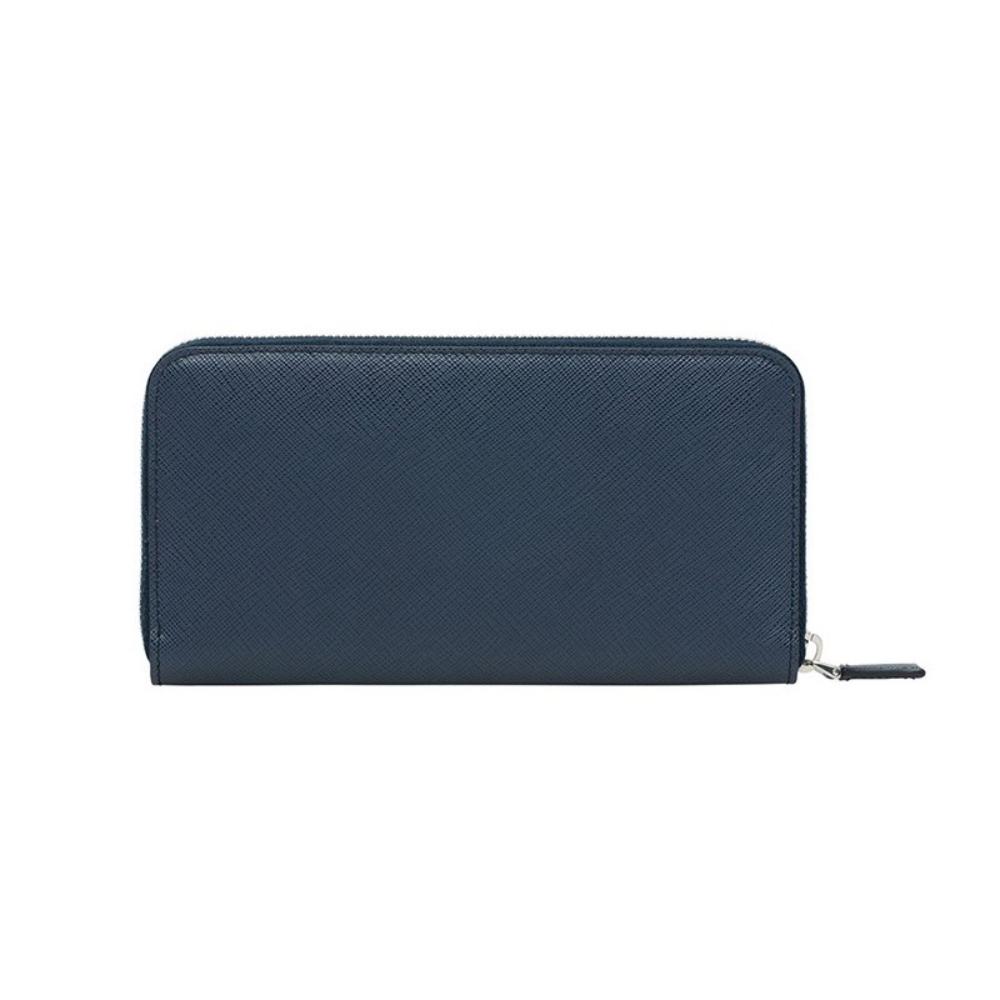 Prada Baltico Blue Saffiano Leather Orange Logo Zip Around Wallet 2ML317