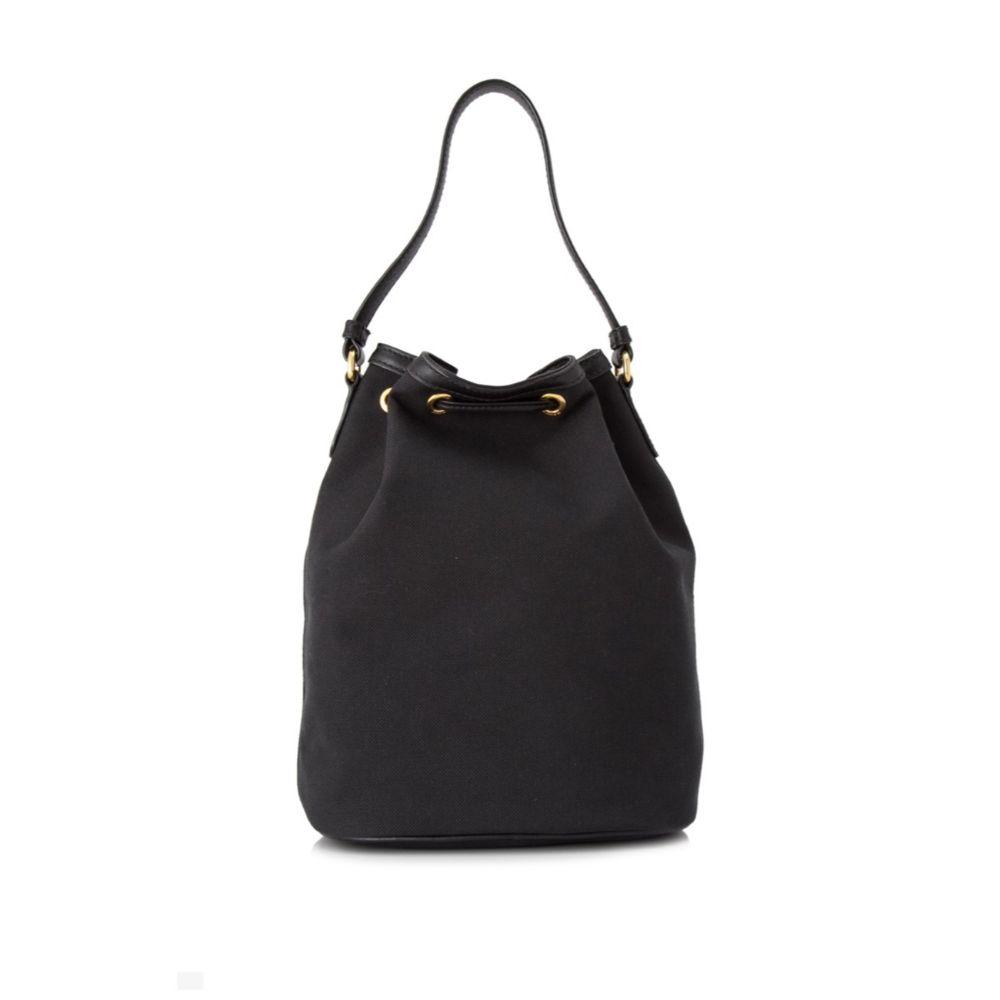 Prada Black Canvas Jacquard Logo Bow Convertible Medium Bucket Bag 1BH097