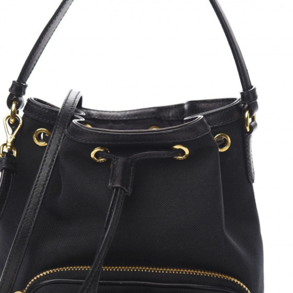 Prada Black Canvas Jacquard Logo Bow Convertible Medium Bucket Bag 1BH097