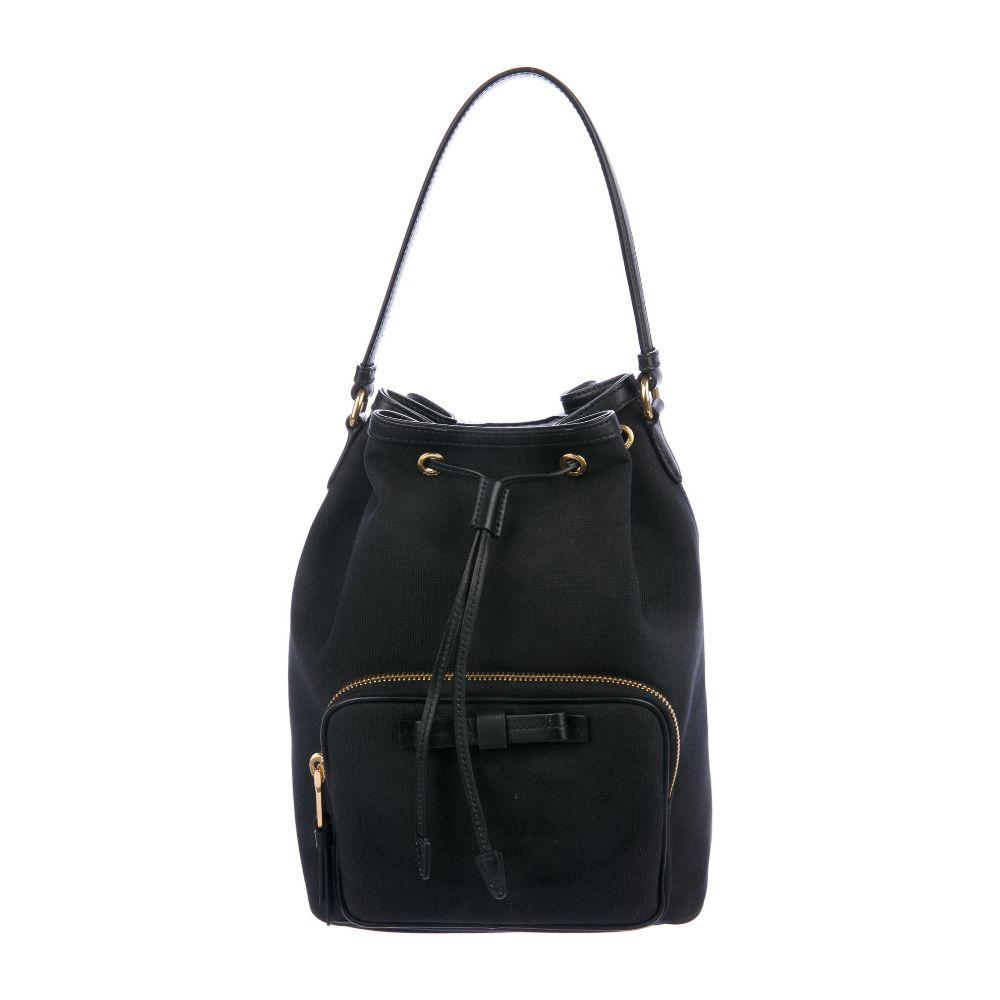 Prada Black Canvas Jacquard Logo Bow Convertible Medium Bucket Bag 1BH097