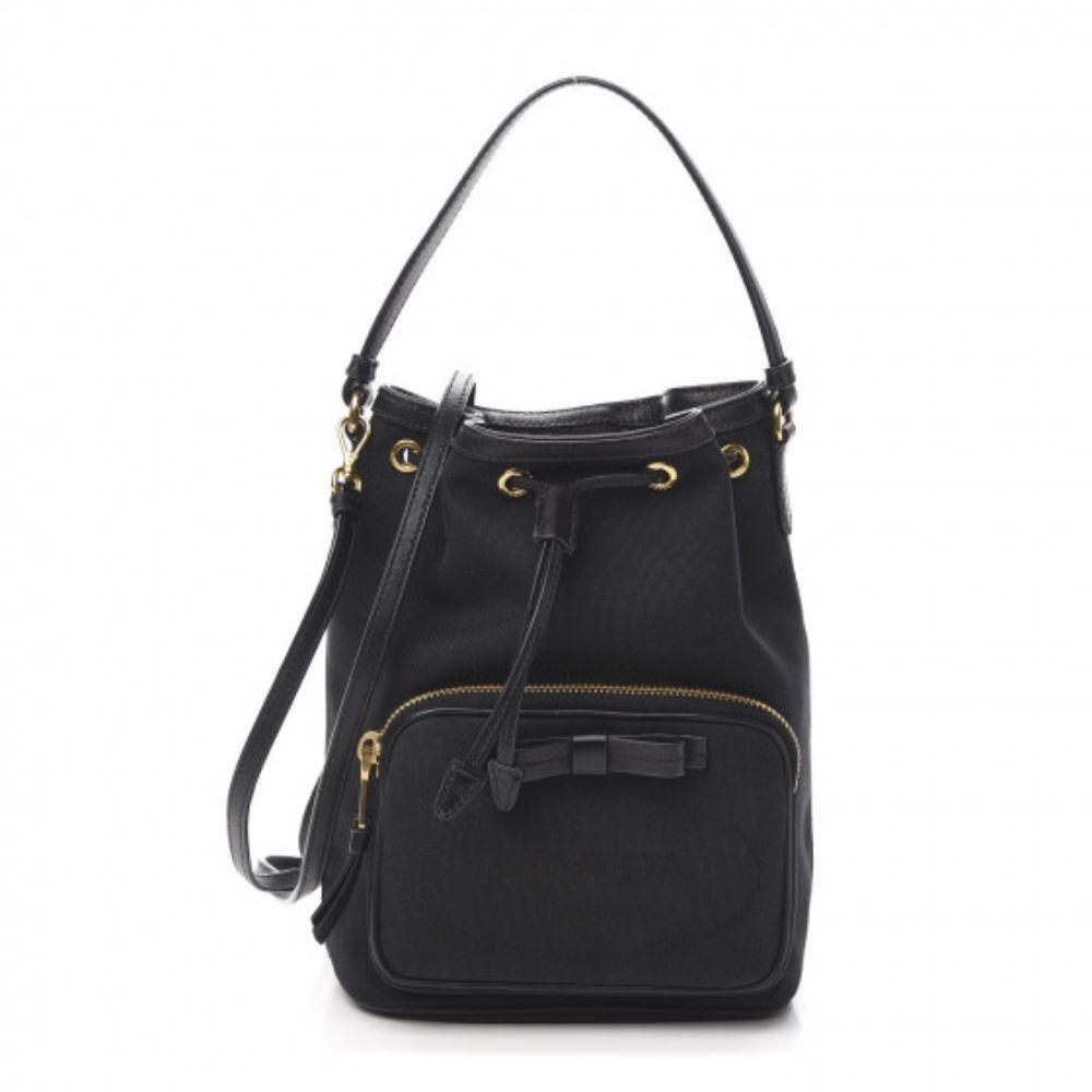 Prada Black Canvas Jacquard Logo Bow Convertible Medium Bucket Bag 1BH097