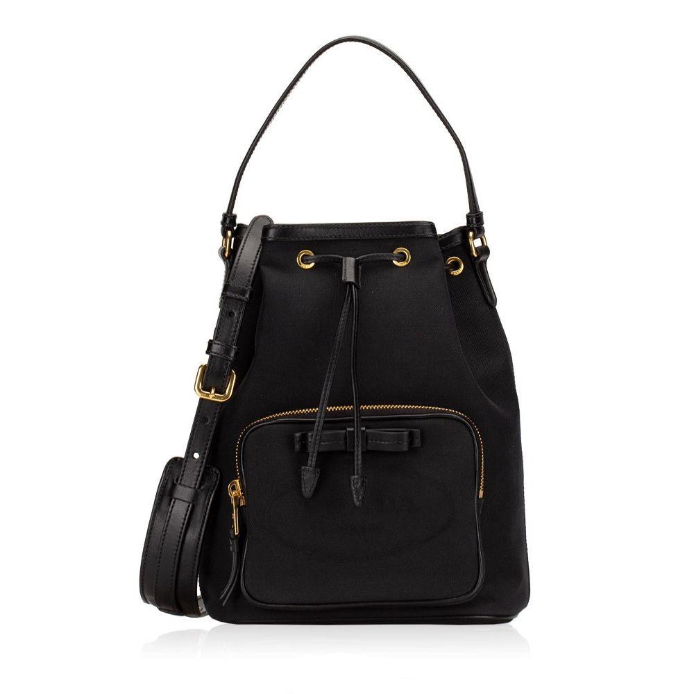 Prada Black Canvas Jacquard Logo Bow Convertible Medium Bucket Bag 1BH097