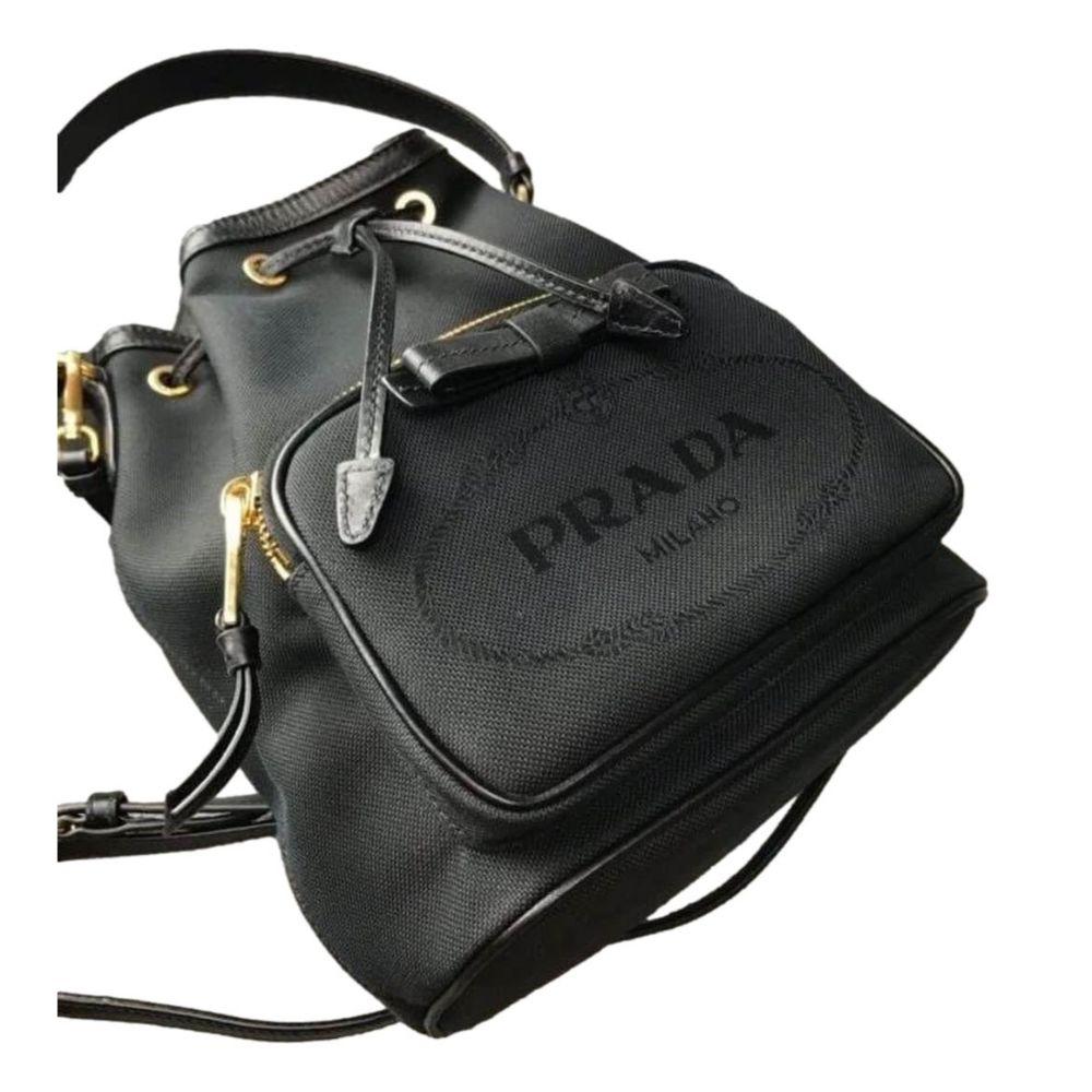 Prada Black Canvas Jacquard Logo Convertible Medium Bucket Bag 1BH097