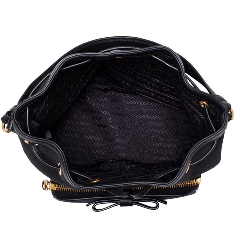 Prada Black Canvas Jacquard Logo Convertible Medium Bucket Bag 1BH097